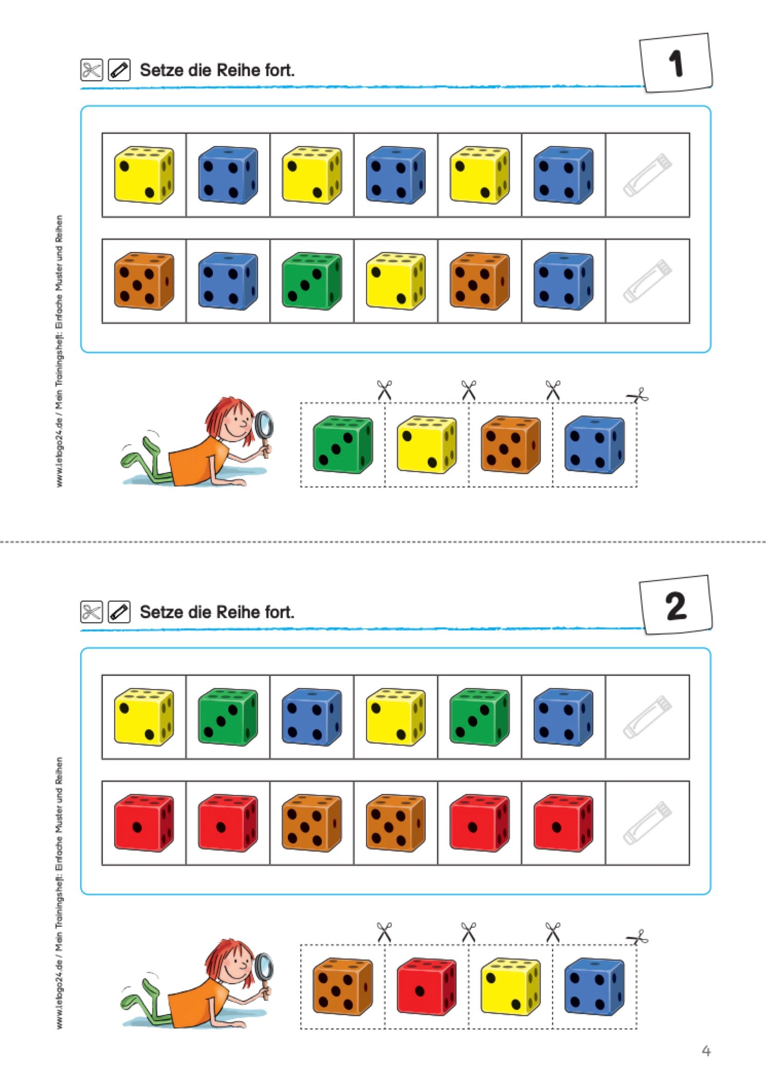 Aufgabenblatt mit verschiedenfarbigen Würfelmuster-Reihen des E-Books: `Mein Trainingsheft : Einfache Muster und Reihen`.