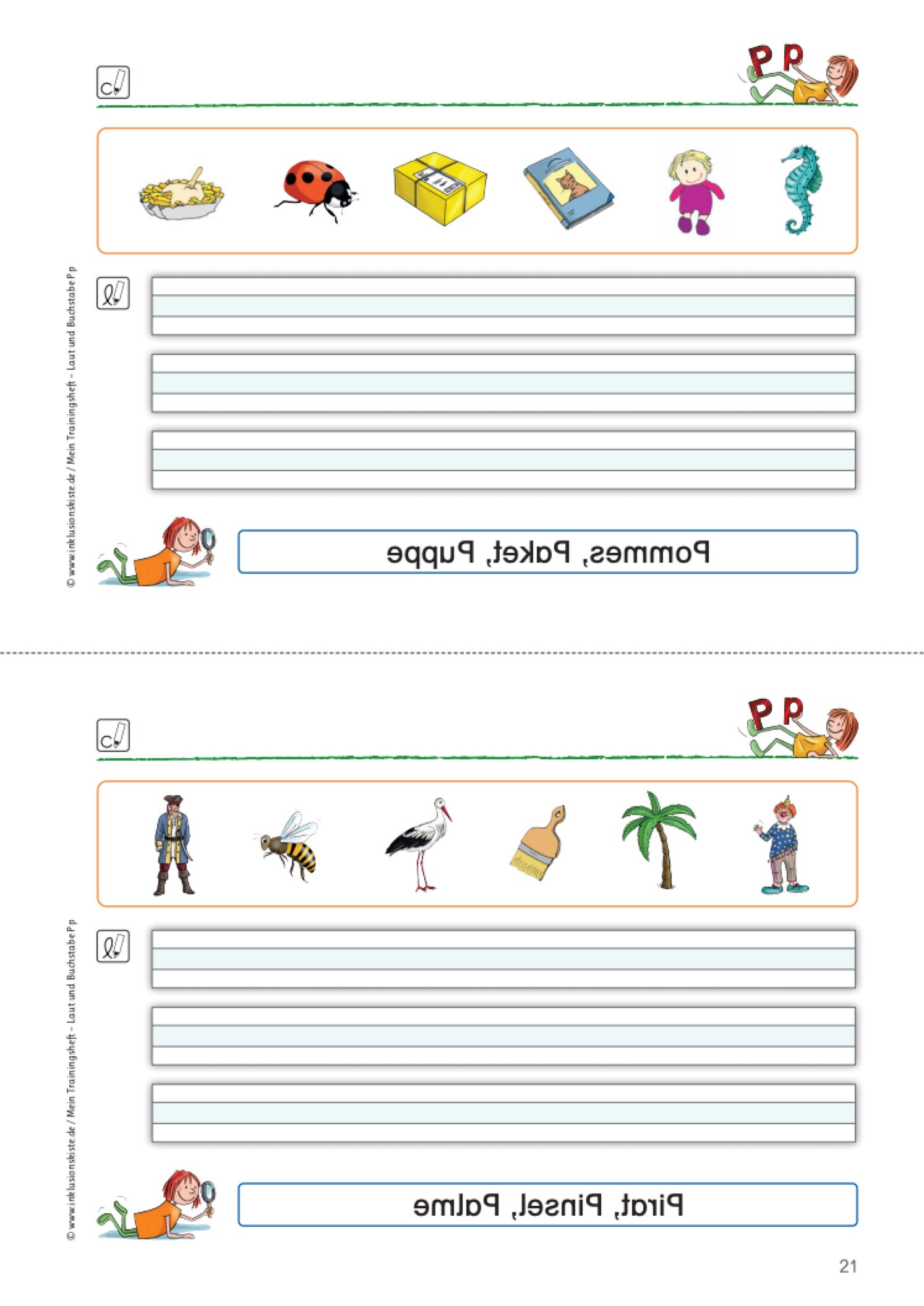 Arbeitsblatt des E-Books: `Mein Trainingsheft: Laut und Buchstabe P p` mit Anlautbildern zum Buchstaben P und Schreibzeilen zum selbstständigen Aufschreiben bekannter Übungswörter.