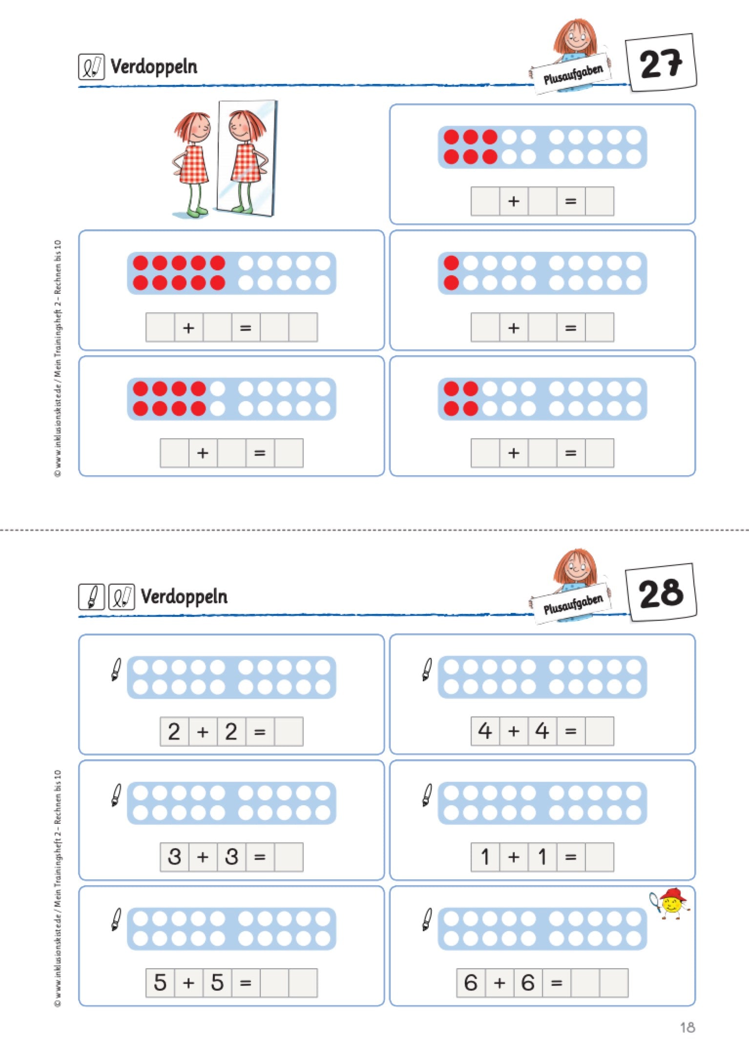 Das Bild zeigt ein zweiteiliges Arbeitsblatt zur Einführung in das Verdoppeln im Zahlenraum bis 10. Die Seiten sind klar strukturiert und enthalten jeweils mehrere Aufgaben zum Addieren gleicher Zahlen. Auf der ersten Seite werden Mengen visuell in Zwanziger-Punktfeldern dargestellt, auf der zweiten Seite malen die Kinder die Punkte entsprechen der Aufgabe ins Zwanziger-Punktfeld. Die Lösungen werden in Ergänzung
