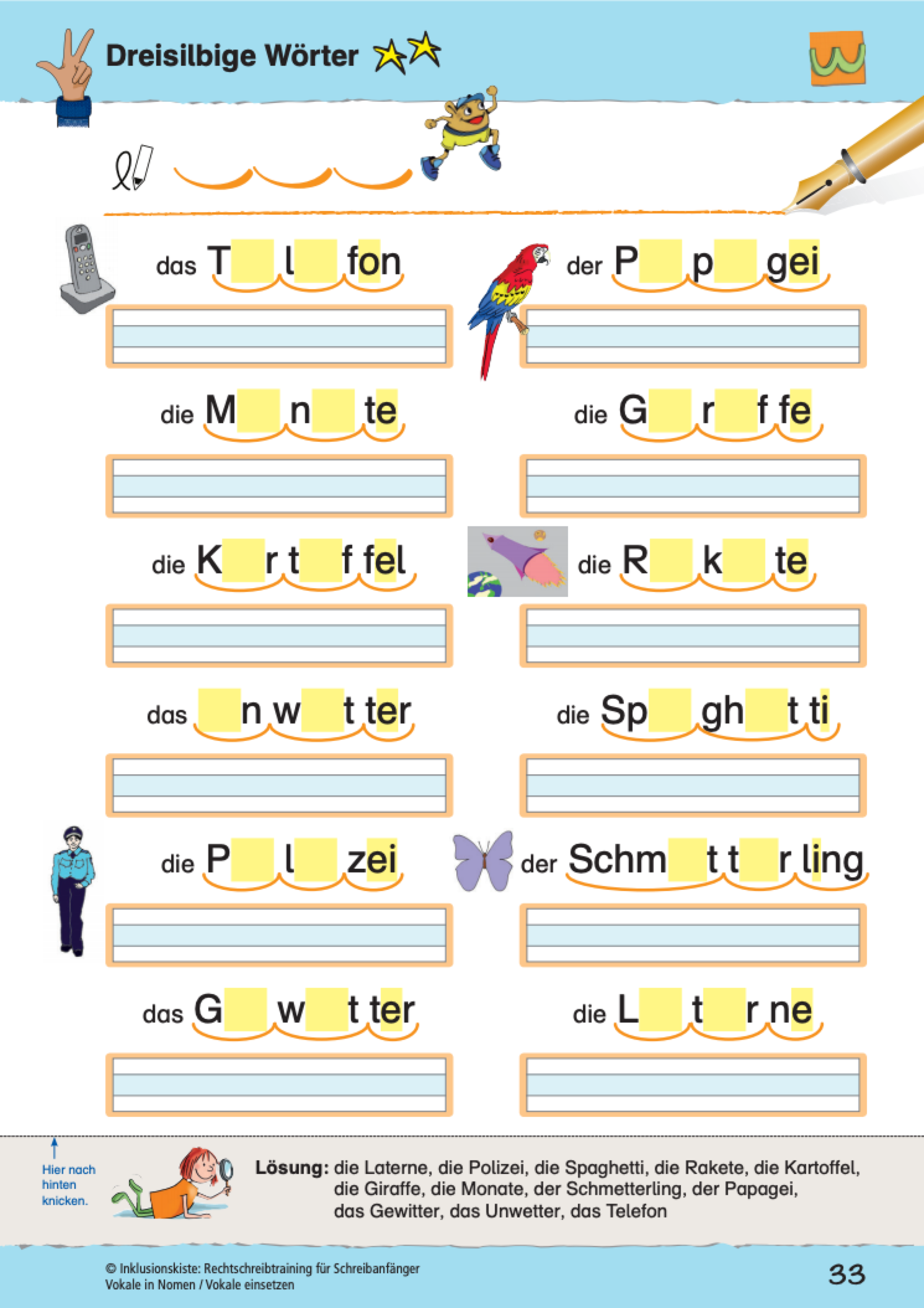 Ein Arbeitsblatt für Grundschüler, bei dem zweisilbige Wörter mit fehlenden Vokalen ergänzt werden müssen. Oben sind die Vokale als Kronen dargestellt. Darunter sind verschiedene Wörter mit Lücken sowie passende Bilder, die beim Ergänzen helfen. Am unteren Rand befindet sich die Lösung.