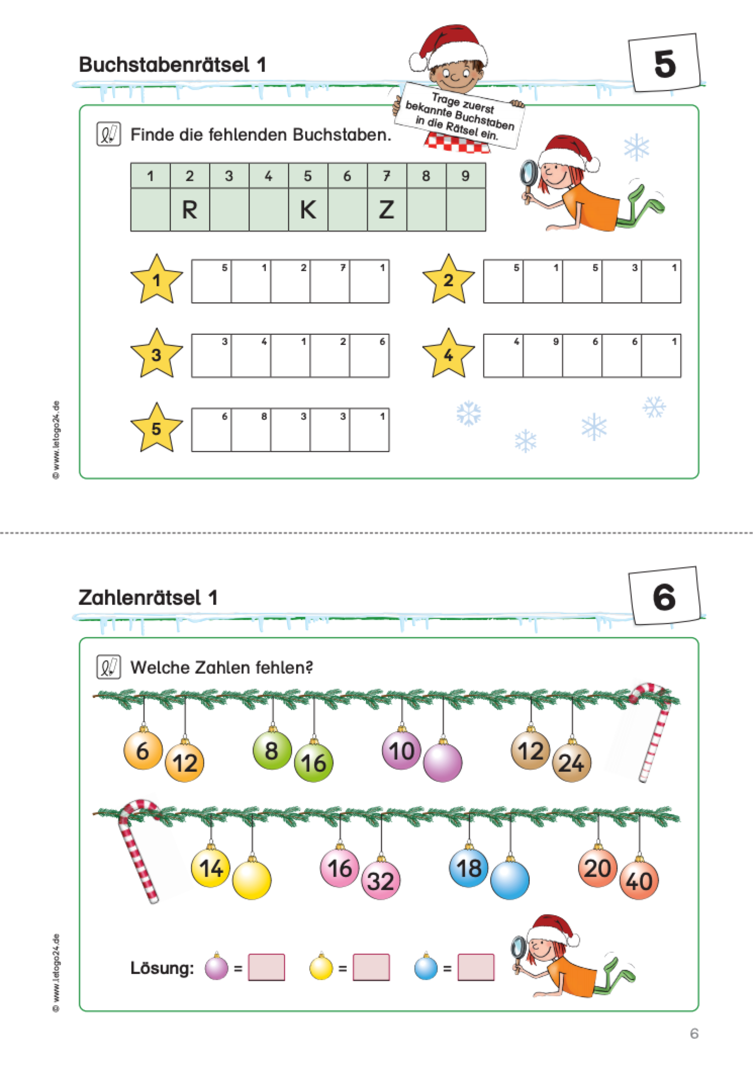 Zweiteiliges Arbeitsblatt des Materialpaketes: `Lesen und Knobeln im Advent` mit Wort- und Zahlenrätseln und bunt dekoriertem Weihnachtsschmuck.