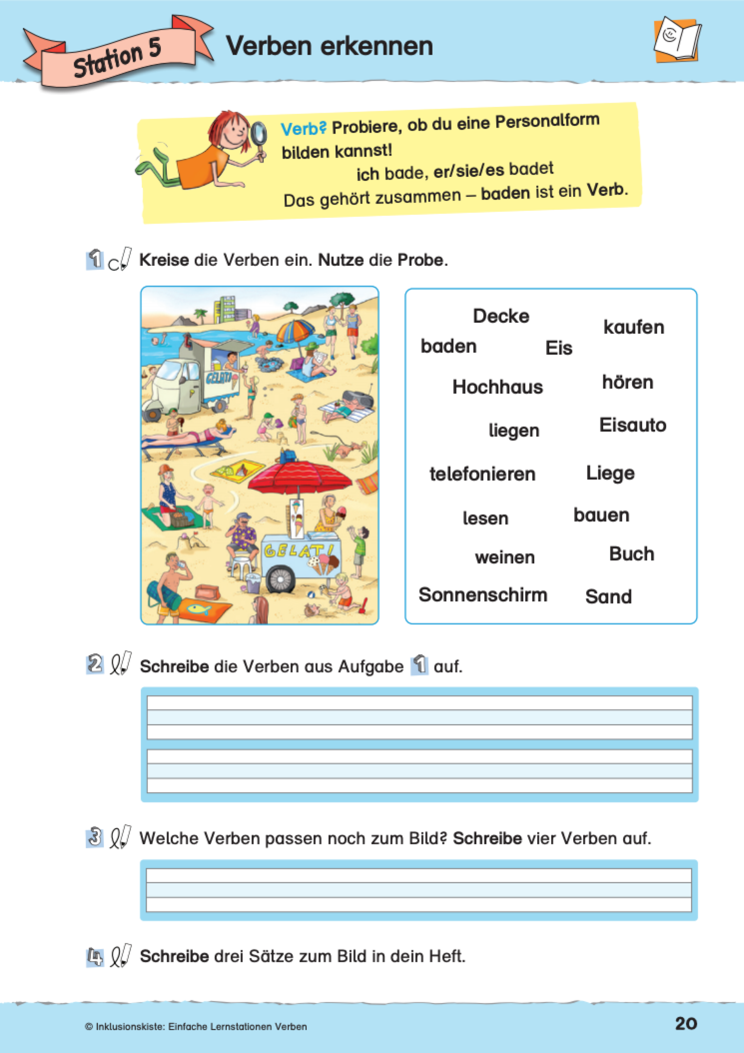 Arbeitsblatt mit Wimmelbild, Wörtern und Schreibzeilen zur richtigen Wort-Bild-Zuordnung