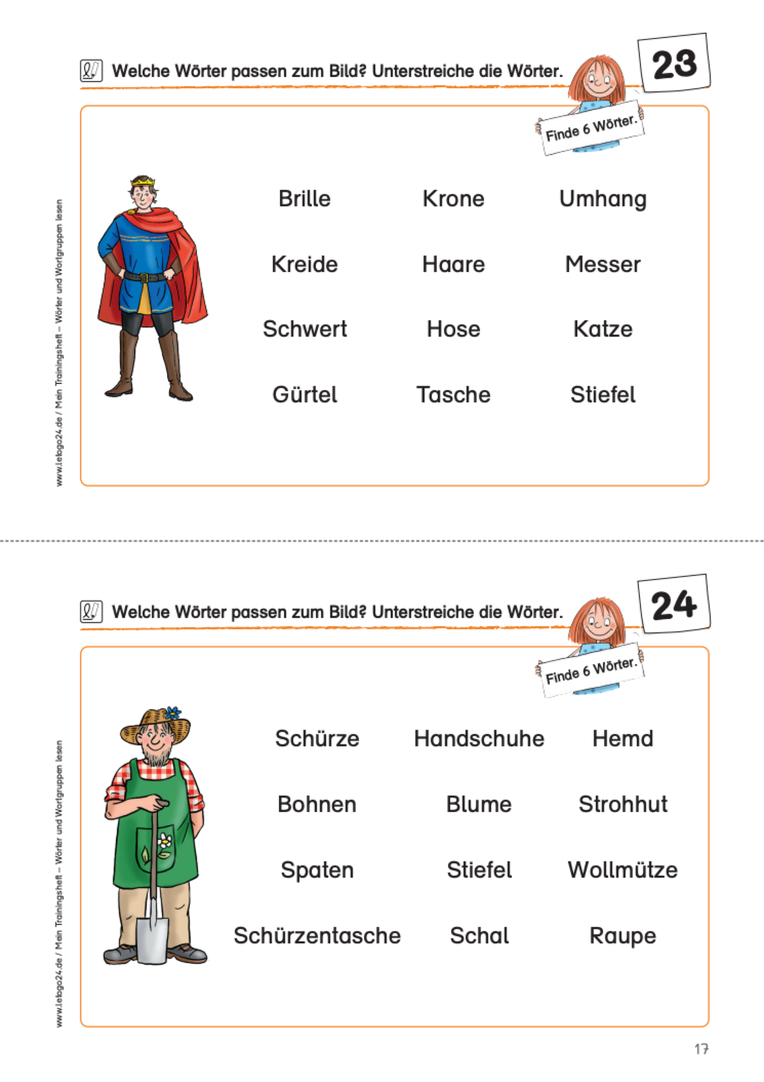 Arbeitsblatt mit zwei Aufgabenstellungen zum Lesetraining auf der Wortebene. Neben einer Grafik sind jeweils zwölf einfache Wörter angeordnet. Die Leseanfänger sollen unterstreichen, welches Wort zum Bild passt.