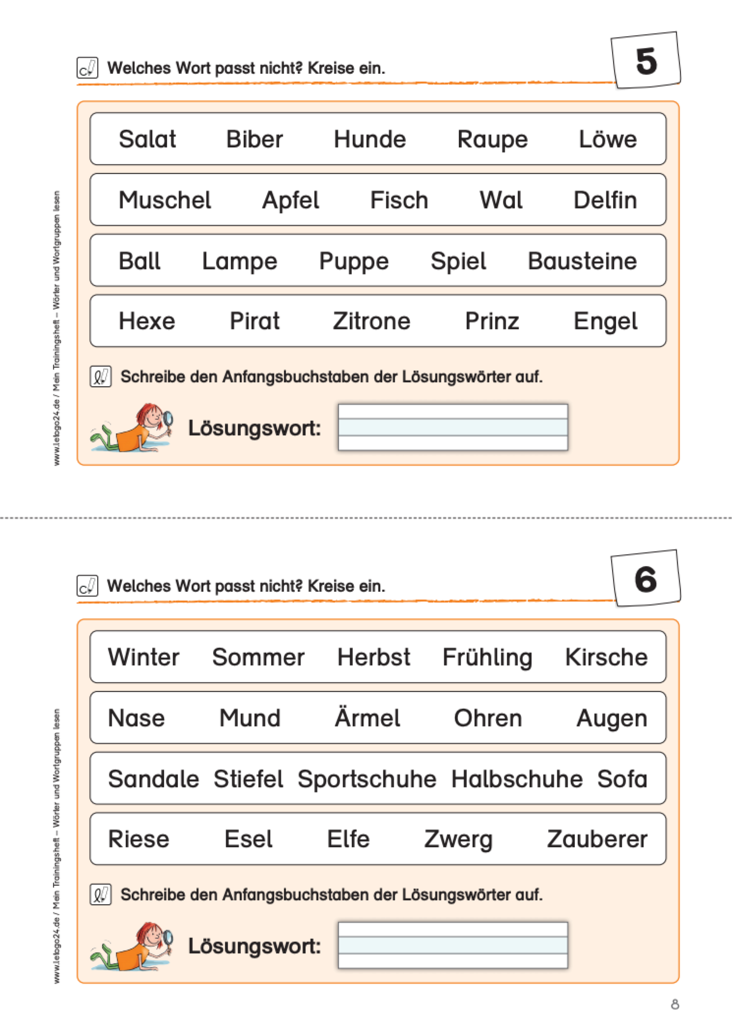 Arbeitsblatt für Erstklässler zum Lesen und Klassifizieren einfacher Begriff. in jeweils vier Reihen sind einfache Wörter aufgelistet von denen immer ein Wort inhaltlich nicht in die Reihe der Wörter passt.