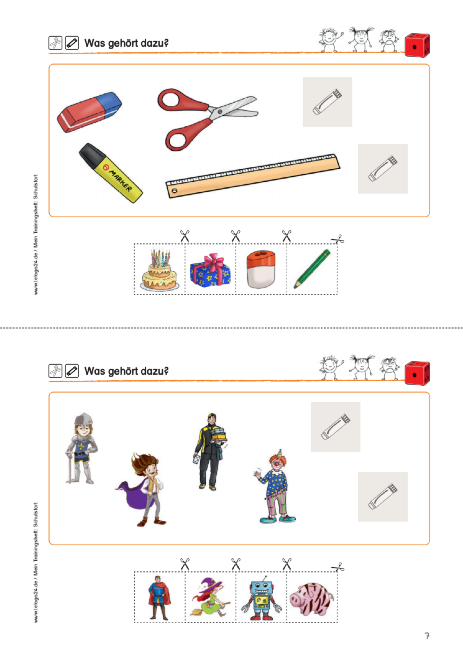 Aufgabenblatt zum Klassifizieren aus dem E-Book: `Mein Trainingsheft: Schulstart` mit Bildern zum Ausschneiden.