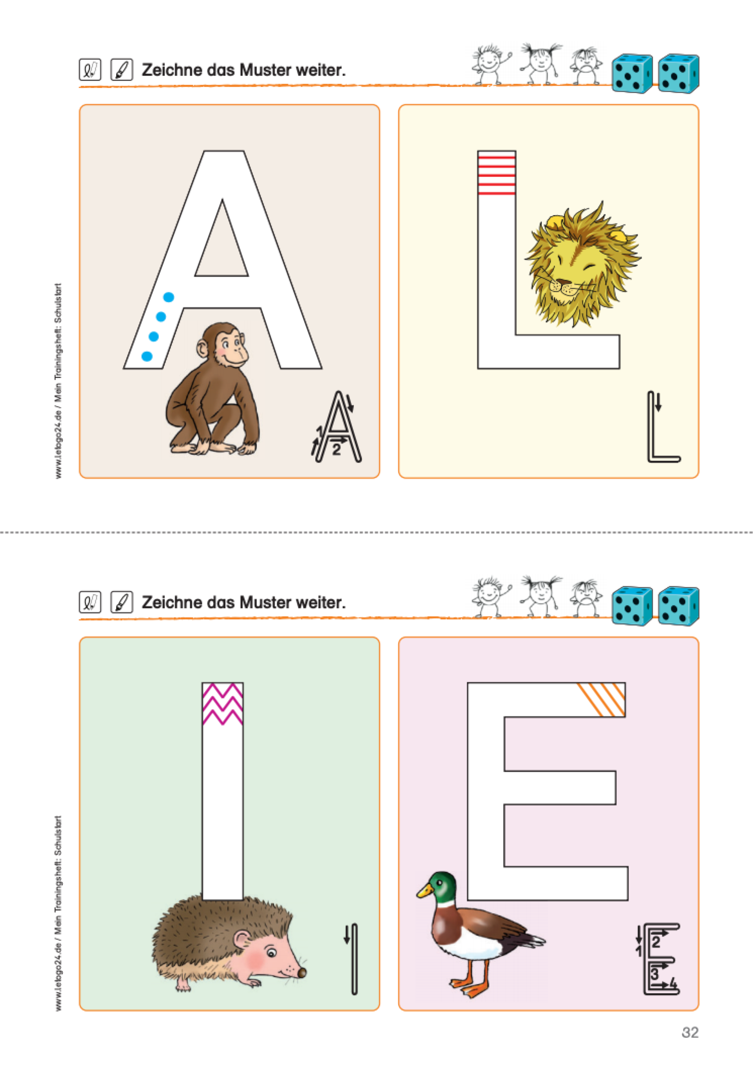 Arbeitsblatt des E-Books: `Mein Trainingsheft: Schulstart` mit Buchstaben zum Nachspuren und Muster Weiterzeichnen.