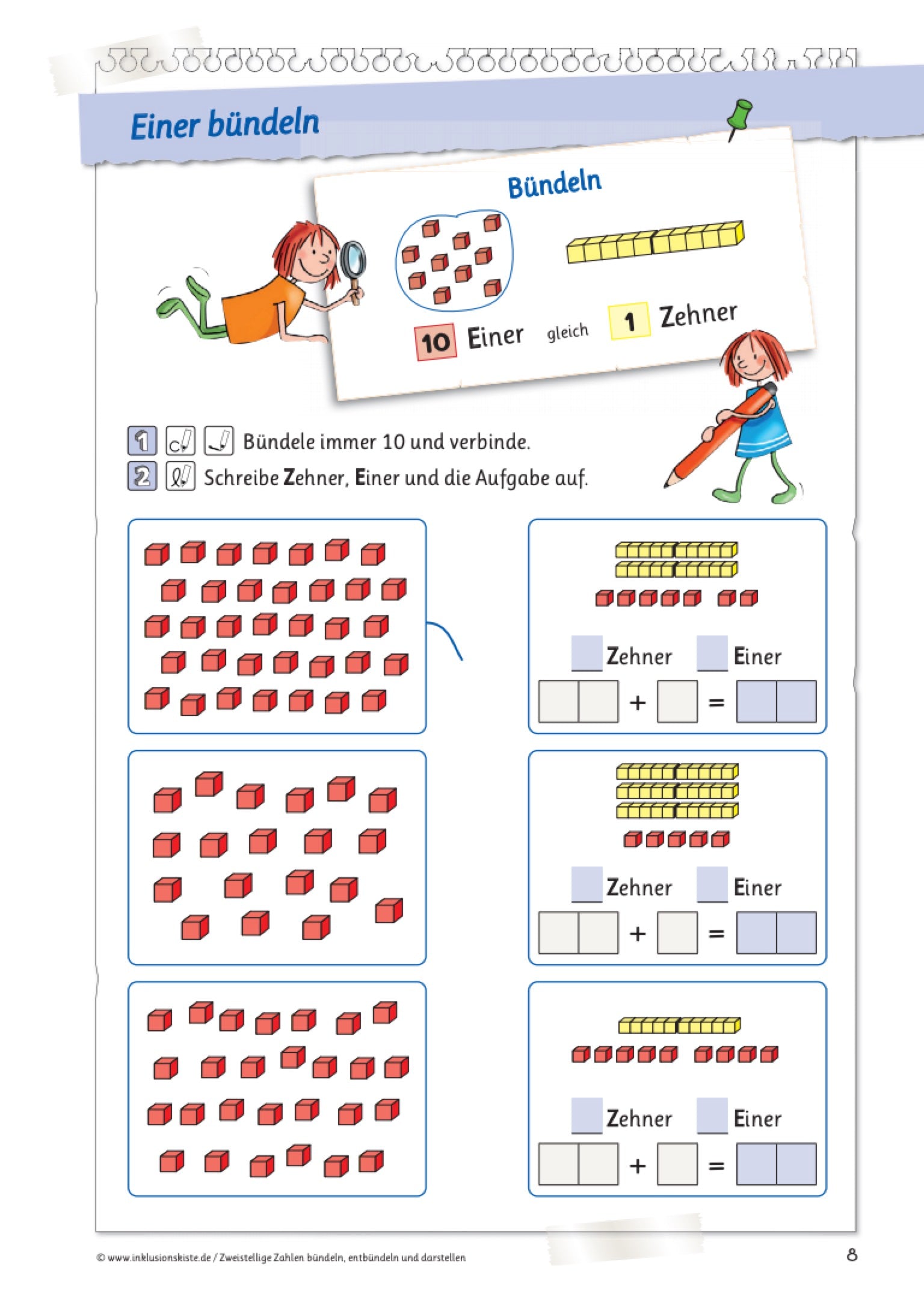 Arbeitsblatt aus dem E-Book „Zweistellige Zahlen bündeln, entbündeln und darstellen“. Im oberen Merkkasten wird der Bündelungsvorgang anschaulich erklärt. Anschließend trainieren die Kinder drei Aufgaben zur Bündelung und ordnen verschiedene Einerdarstellungen den entsprechenden Zehner- und Einerbündelungen zu – ideal zur Förderung des Stellenwertverständnisses.