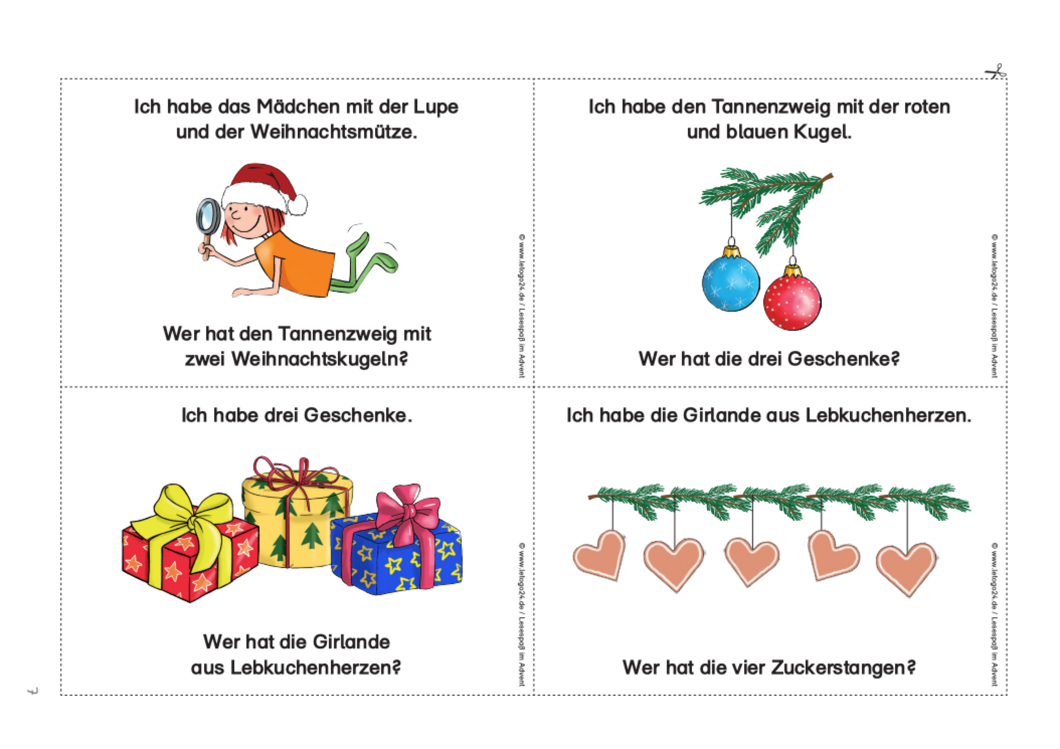 Arbeitsblatt mit vier Lesekarten aus dem Materialpaket Lesen und Knobeln im Advent. Jede Karte enthält eine Frage sowie eine passende Antwort. Die Karten sind kindgerecht gestaltet und mit weihnachtlichen Bildern dekoriert.