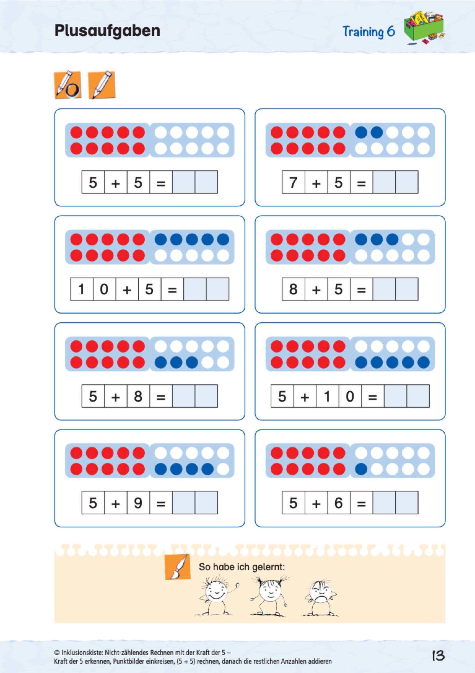 Lern-Arbeitsblatt zum Addieren mit der Zahl 5 – inkl. visueller Darstellung durch farbige Punkte. Fördert ein nachhaltiges Zahlenverständnis durch die ‚Kraft der 5‘.
