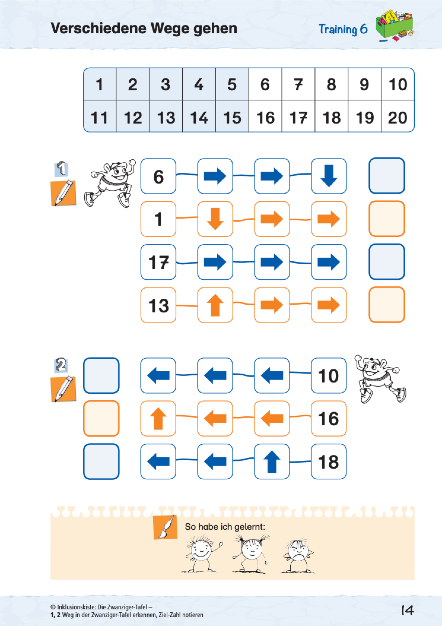 Arbeitsblatt aus dem E-Book `Die Zwanzigertafel`mit Pfeildarstellungen zur Orientierung in der Zwanzigertafel