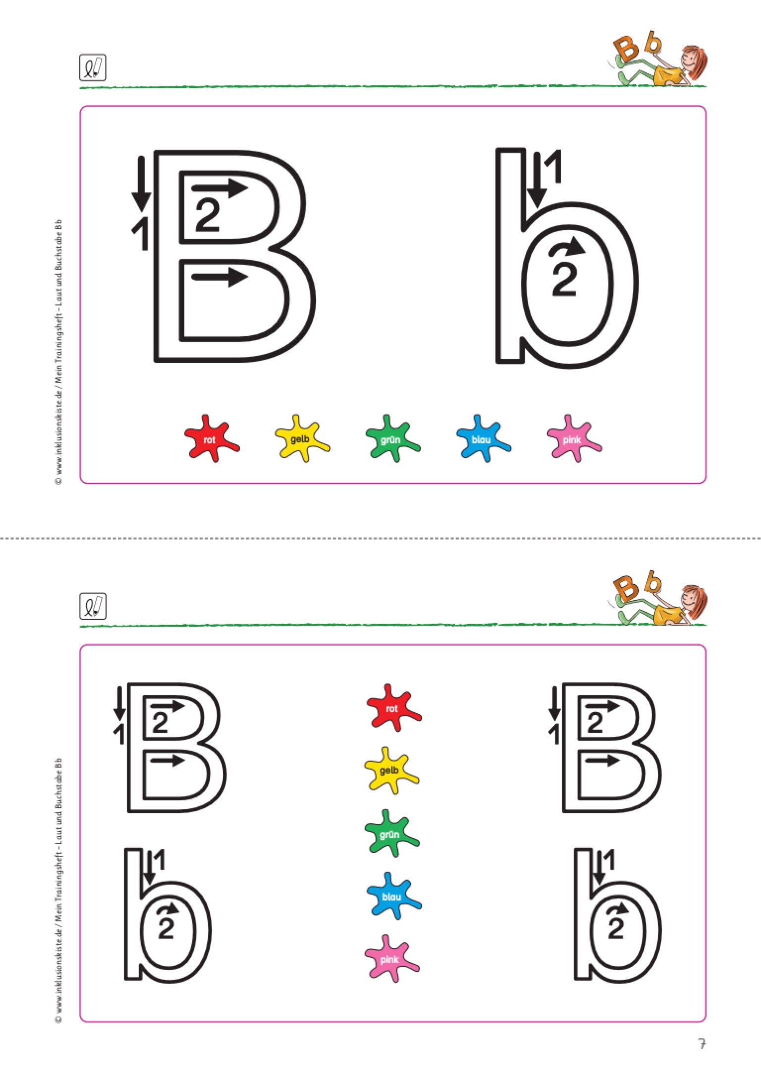 Arbeitsblatt zum Schriftspracherwerb mit dem Buchstaben „B und b“: Die Buchstabenform sind mit Richtungspfeilen und fünffarbigen Spurlinien dargestellt zur gezielten Förderung der Schreibmotorik zur gezielten Förderung der Schreibmotorik.