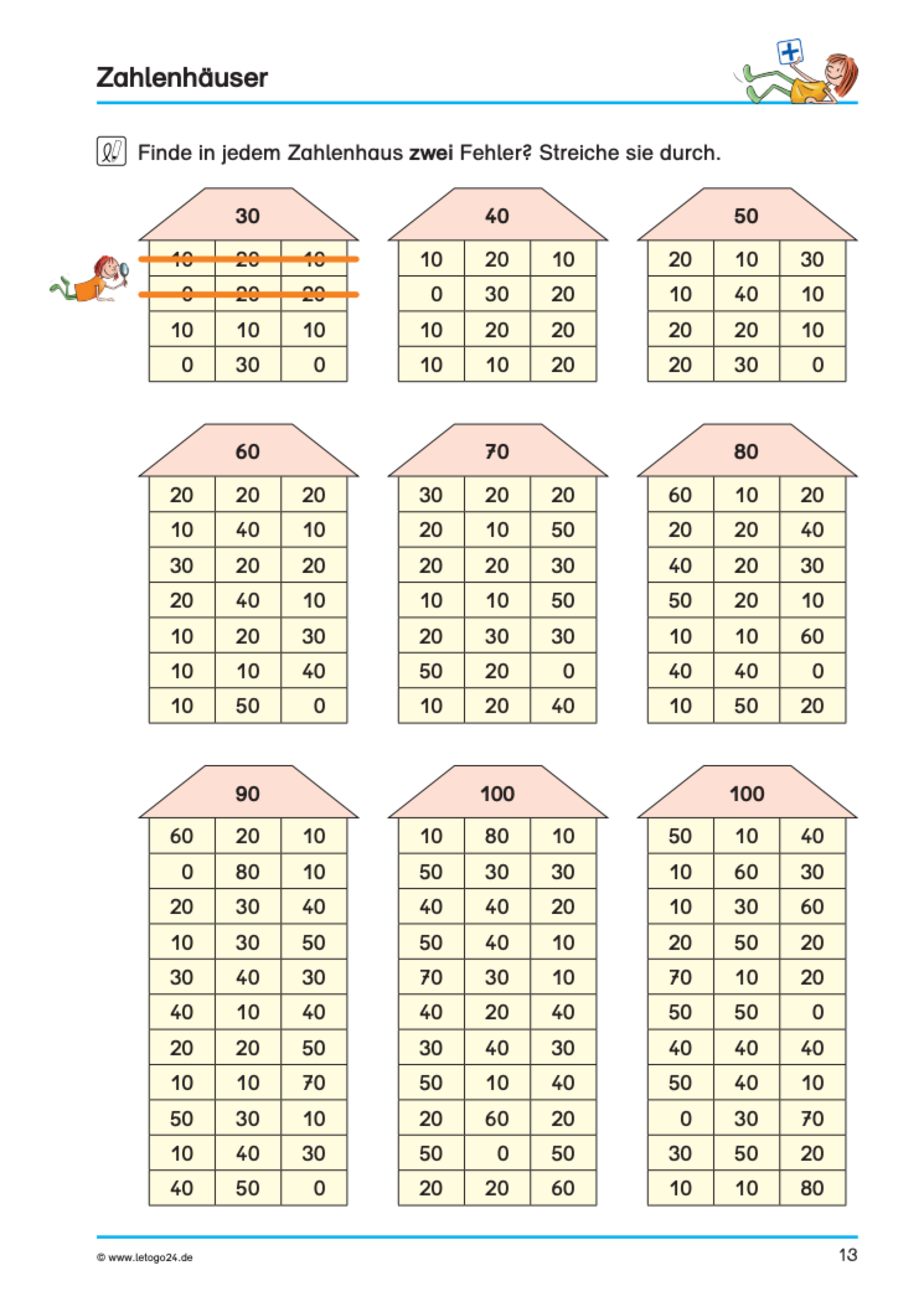 Arbeitsblatt mit dem Titel "Rechnen mit Zehnerzahlen" von Letogo24, das verschiedene Darstellungen von Zehnerzahlen in Zahlenhäusern zur Zerlegung vermittelt.