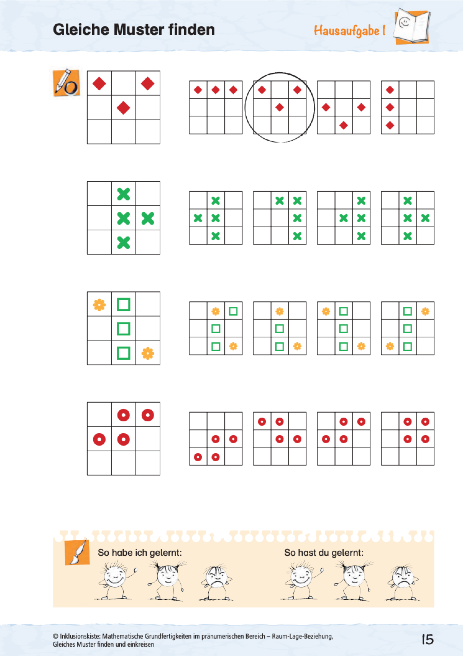 Arbeitsblatt „Gleiche Muster finden – Hausaufgabe 4“. In vier Zeilen soll das Muster links mit einem von fünf Mustern rechts verglichen und das passende gefunden werden. Die Muster bestehen aus Symbolen in einem 3x3-Raster. Unten Selbsteinschätzung mit Strichmännchen.