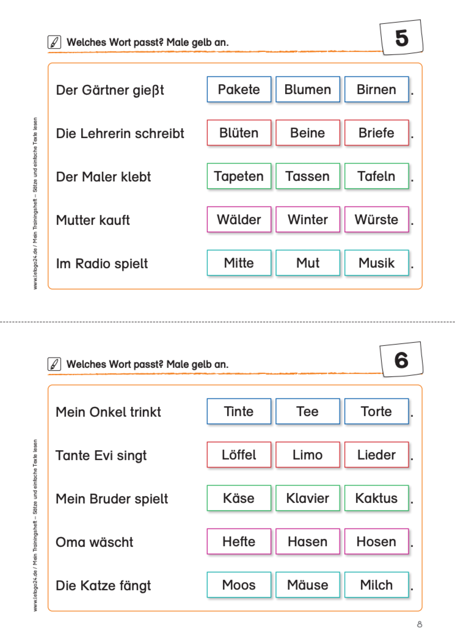 Lese-Arbeitsblatt für Grundschüler zum Lesen einfacher Sätze