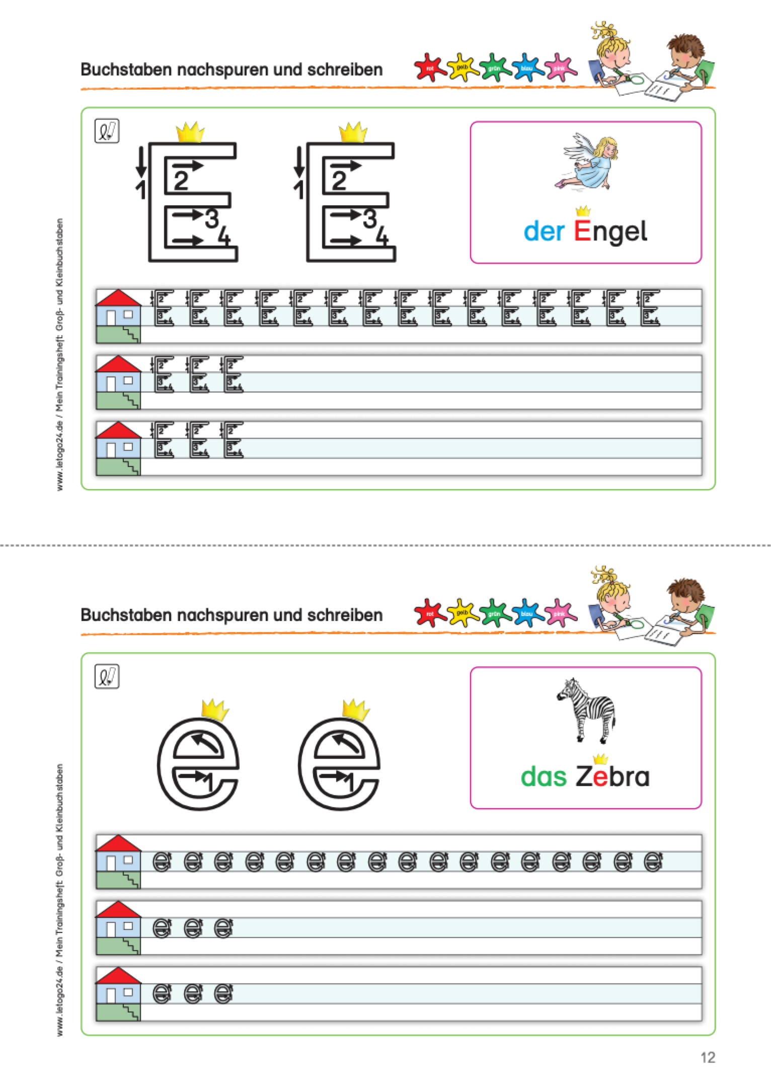 Arbeitsblatt zum Schreibenlernen mit Buchstabe E/e, Pfeilrichtung zur Schreibunterstützung und klaren Schreiblinien zum Nachspuren – geeignet für den Einsatz im Anfangsunterricht und Vorschulbereich.von Letogo24