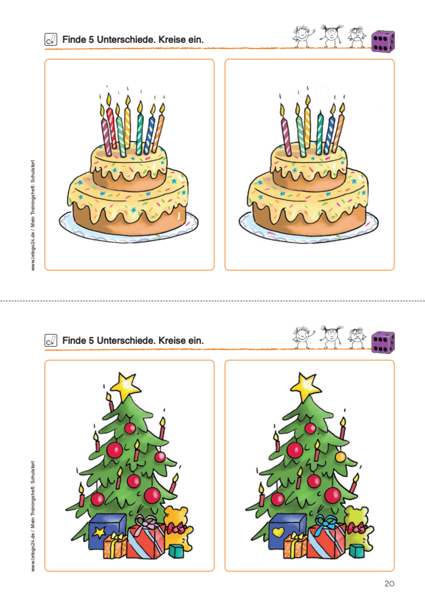 Arbeitsblatt des E-Books: `Mein Trainingsheft: Schulstart` mit jeweils zwei gleichen Bildern zum Erkennen und Einkreisen minimaler Unterschiede.