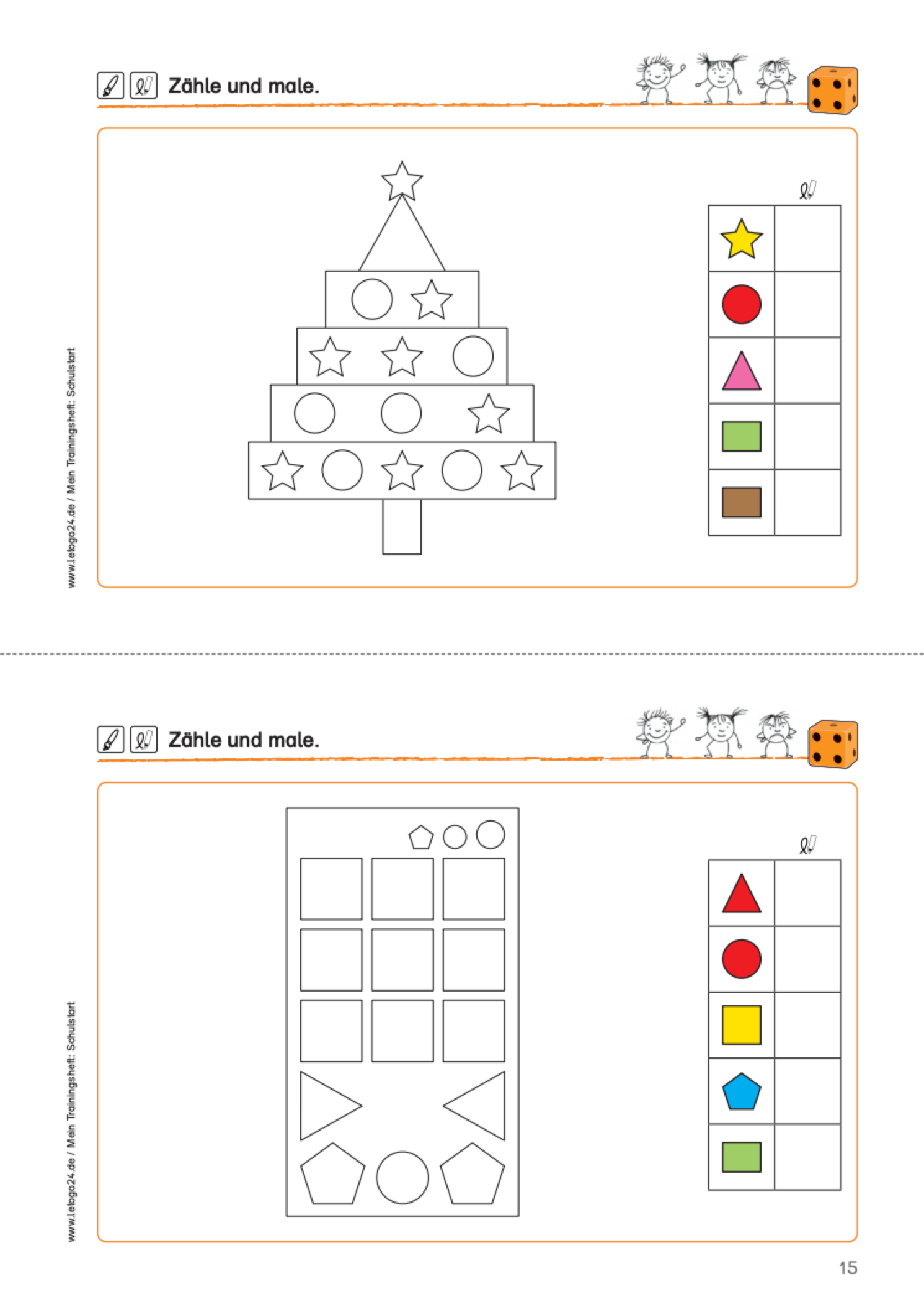 Zweiteiliges Arbeitsblatt aus dem Materialpaket: `Vorschule` zum Zählen
und Erkennen geometrischer Muster.