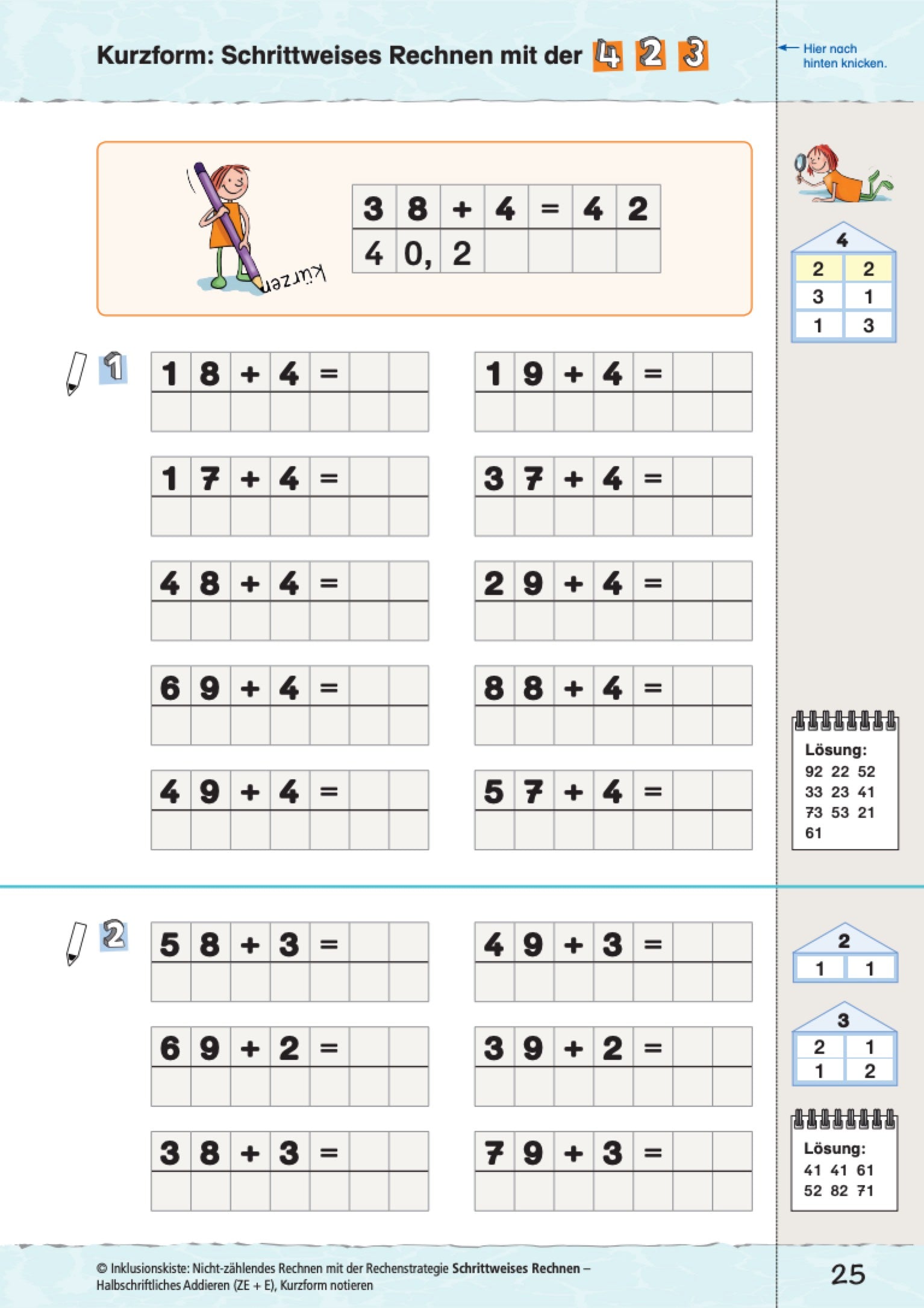 Arbeitsblatt des Materialpaketes: `Schrittweises Rechnen` mit Additionsaufgaben in Kurzform