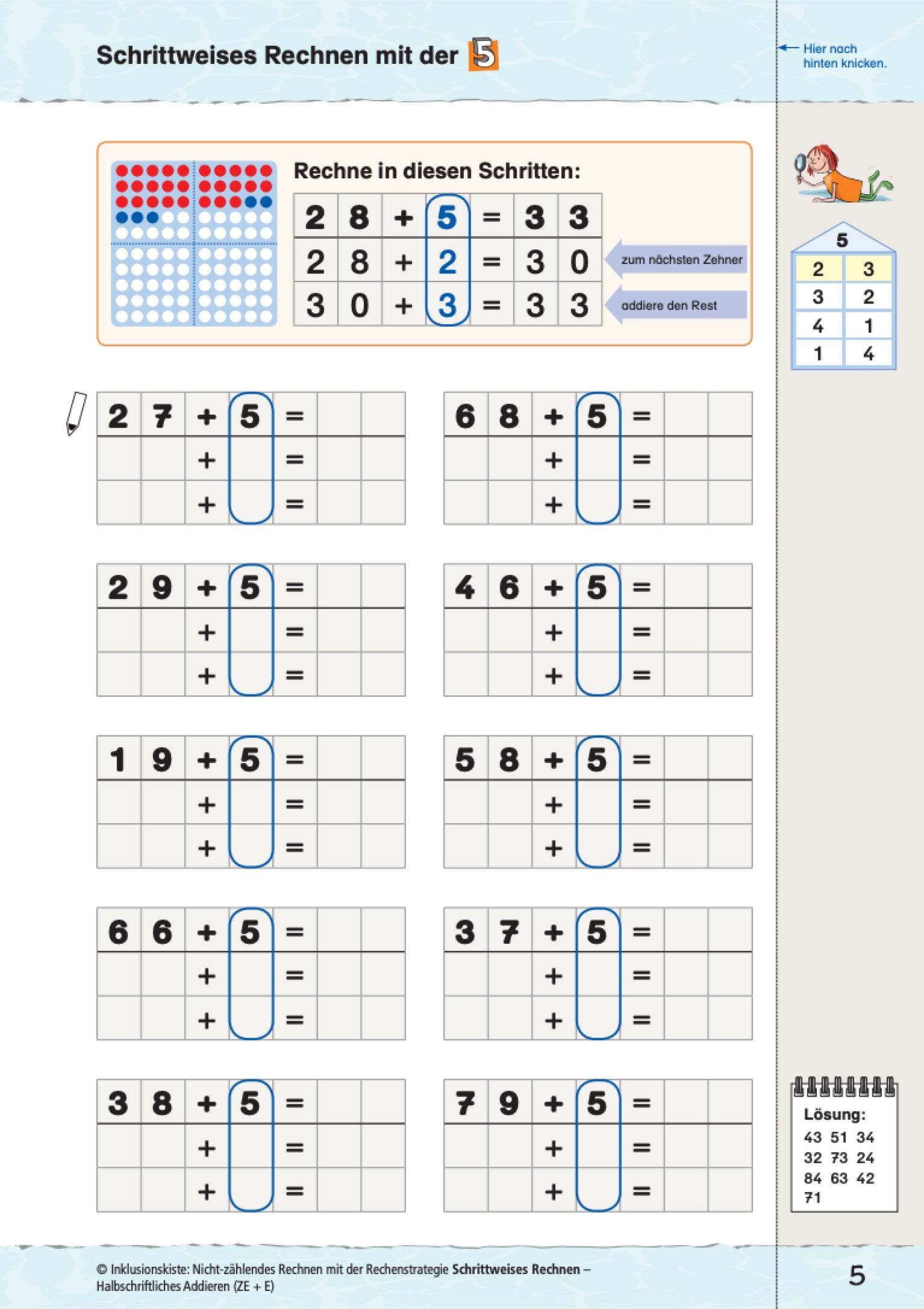 Arbeitsblatt des Materialpaketes: `Schrittweises Rechnen` mit Additionsaufgaben