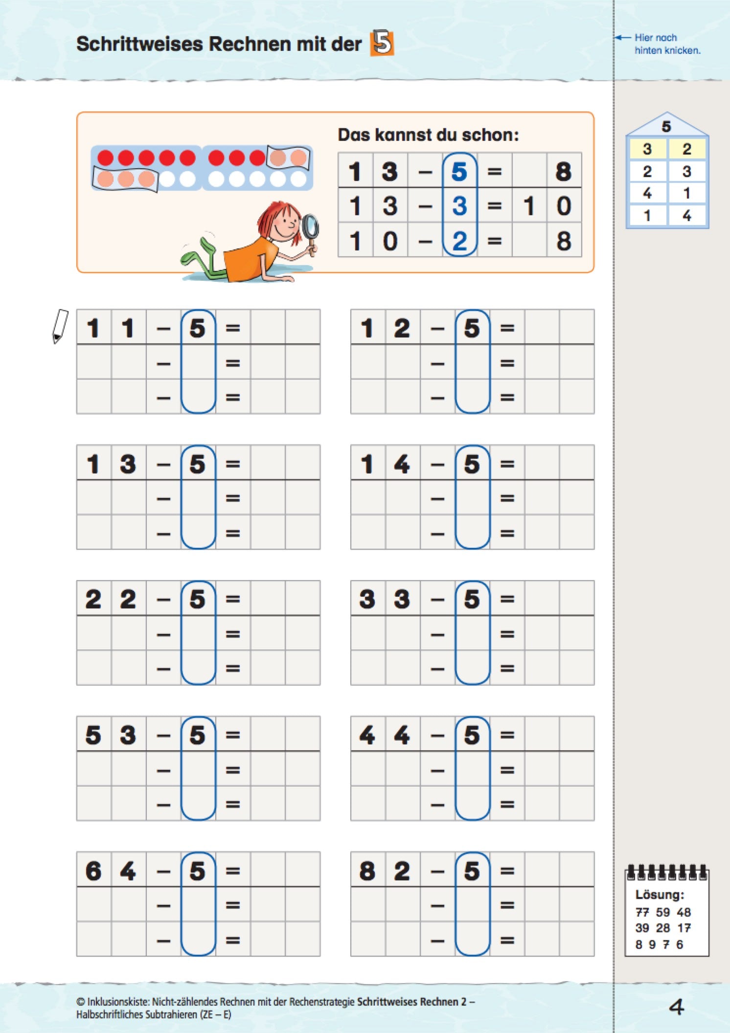 Arbeitsblatt mit Aufgaben zum schrittweisen Subtrahieren zweistelliger Zahlen im langen Rechenweg. Am Rand sind das Zahlenhaus mit den zu den Aufgaben gehörenden Zerlegungen sowie die Lösungen abgebildet.