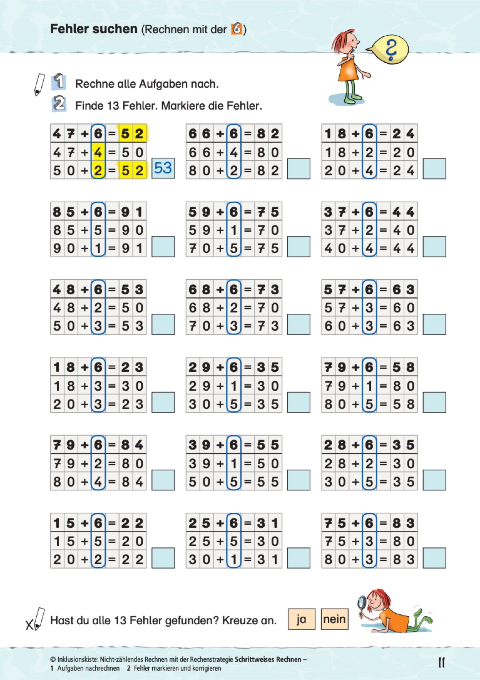 Arbeitsblatt des Materialpaketes: `Schrittweises Rechnen` mit Aufgaben zur Fehlersuche