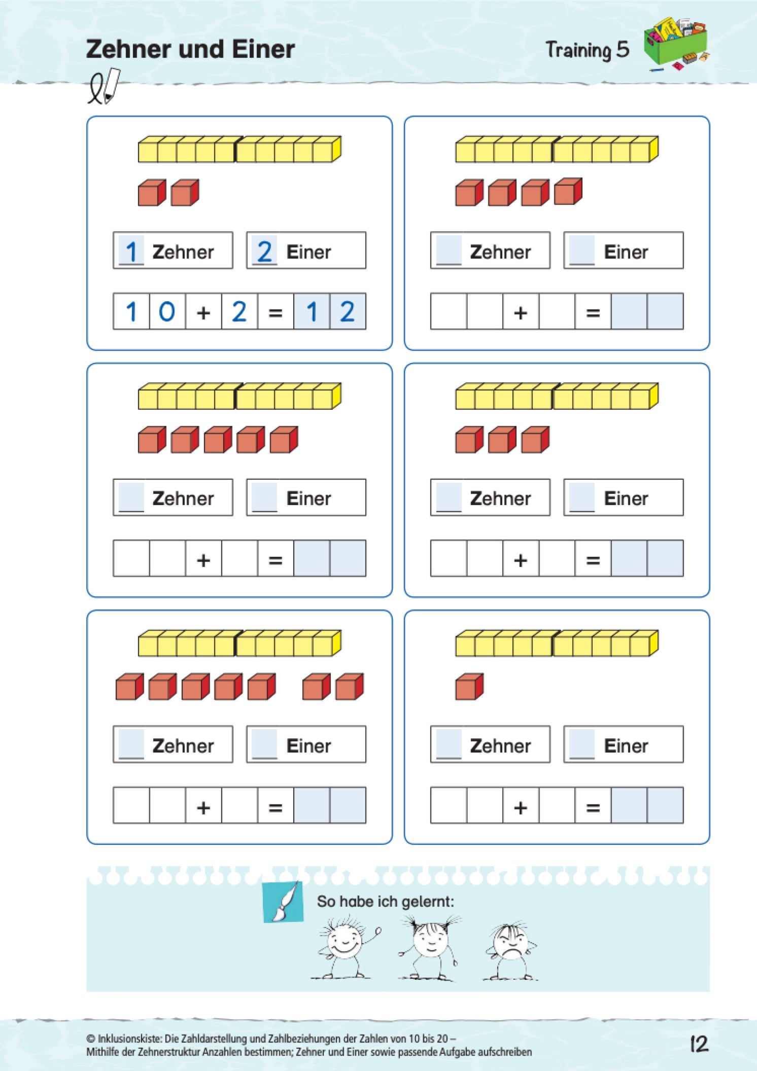 Arbeitsblatt des E-Books `Die Zahldarstellung und Zahlbeziehungen der Zahlen von 10 bis 20` mit Zehner- und Einerdarstellungen zum Erkennen der Struktur des Zehnersystems.