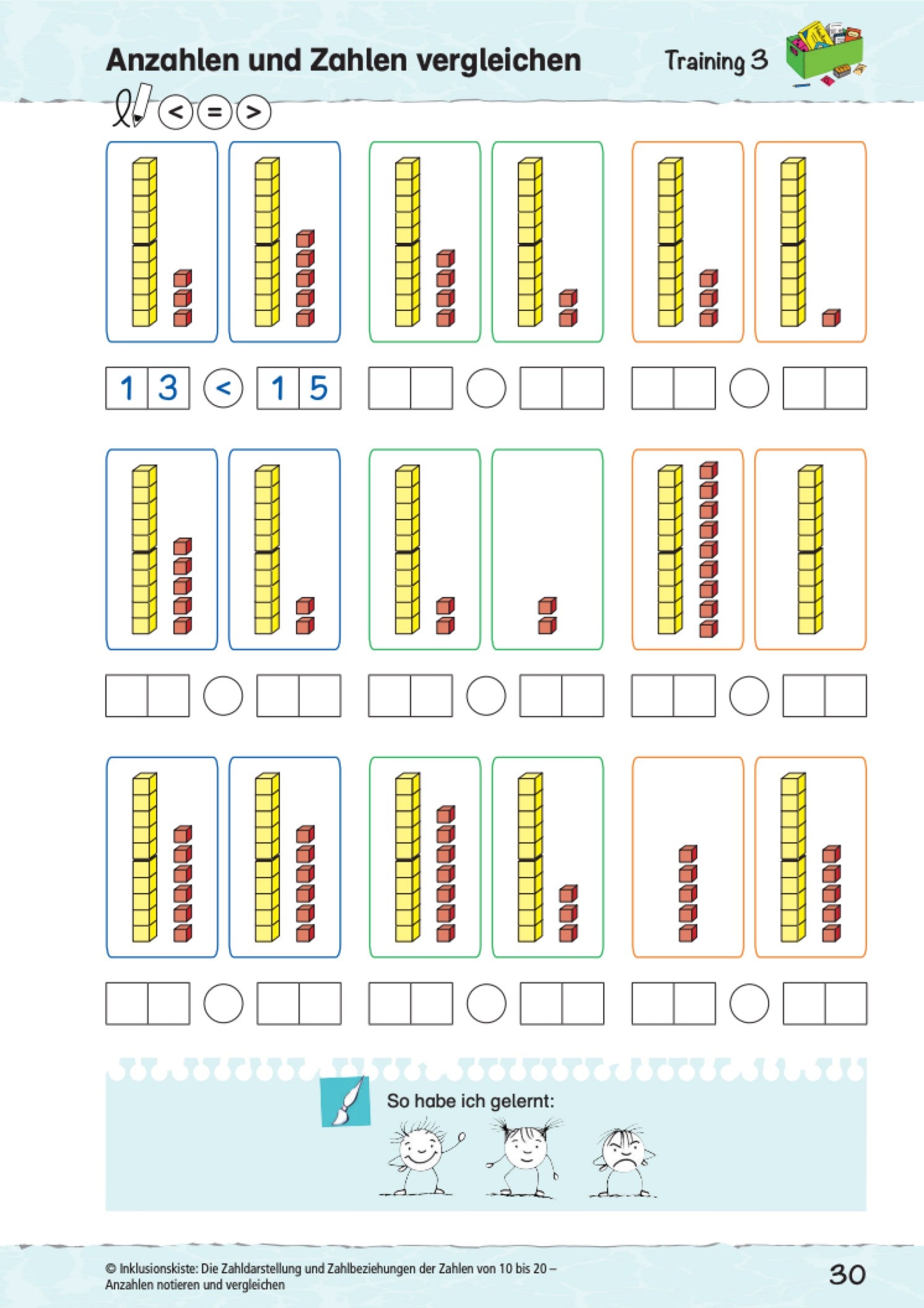 Aufgabenblatt des E-Books `Die Zahldarstellung und Zahlbeziehungen der Zahlen von 10 bis 20` zum Vergleichen von Zehner- und Einerbilddarstellungen.
