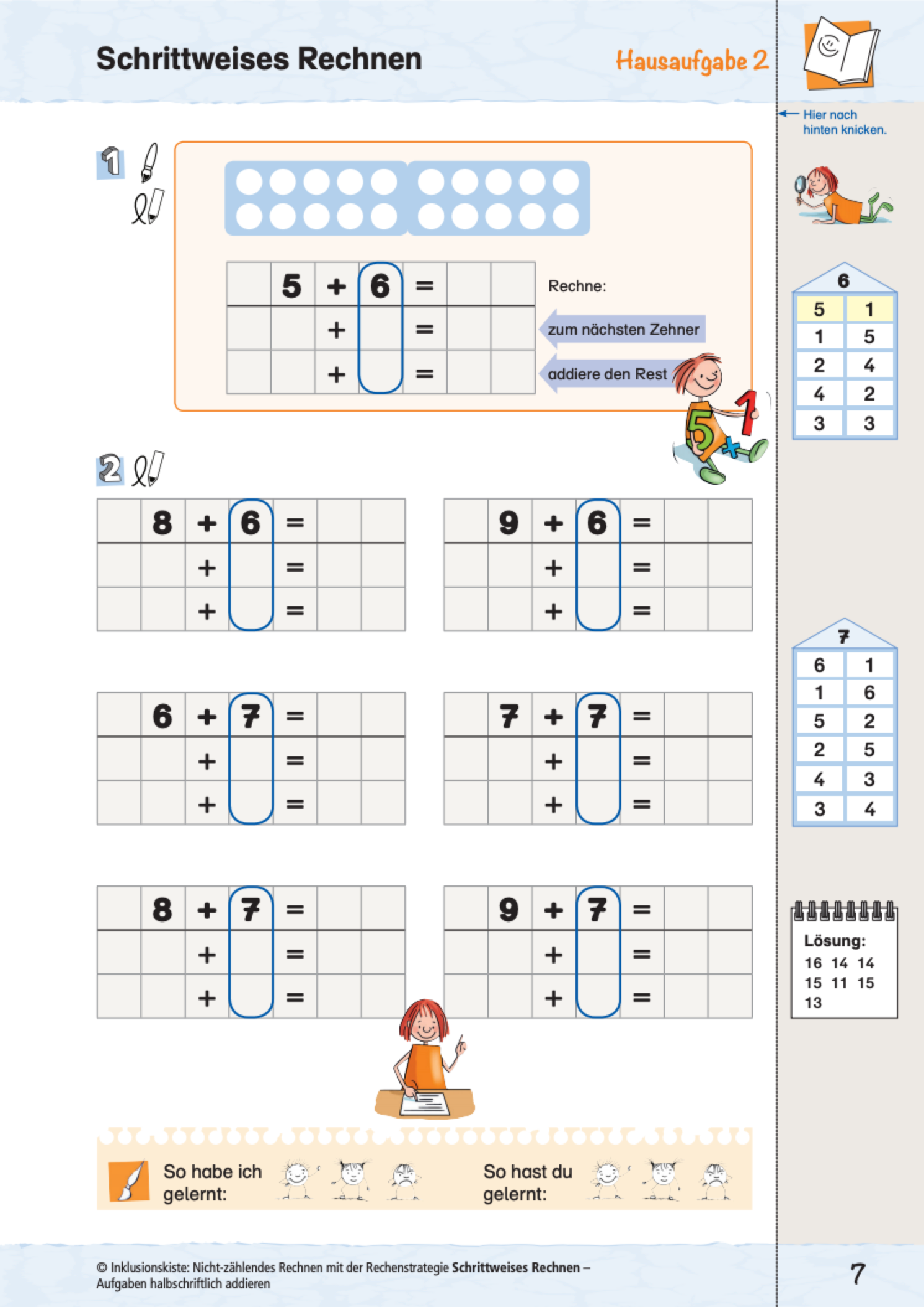 Arbeitsblatt mit sieben Aufgaben zum schrittweisen Addieren mit Zehnerüberschreitung im Zahlenraum bis 20. Im oberen Teil des Arbeitsblatt befindet sich ein Merkkasten mit Rechenschritten.