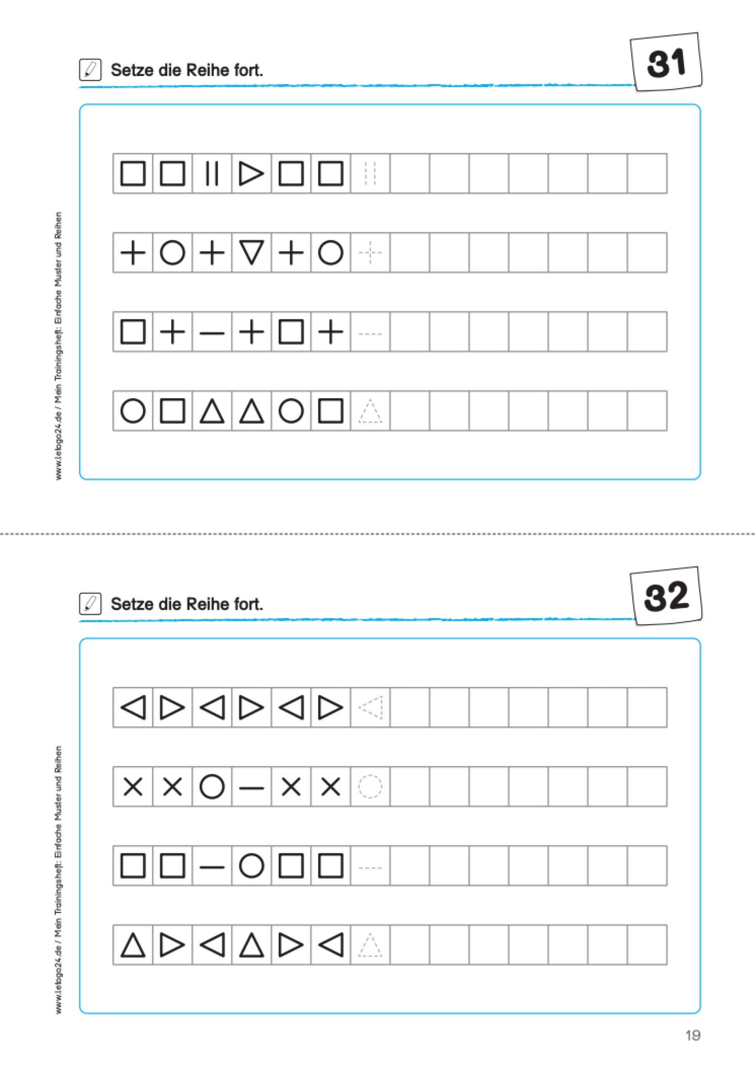 Aufgabenblatt mit acht verschiedenen geometrischen Musterreihen zum Weiterzeichnen. Das Aufgabenblatt gehört zum E-Book: `Mein Trainingsheft : Einfache Muster und Reihen`.