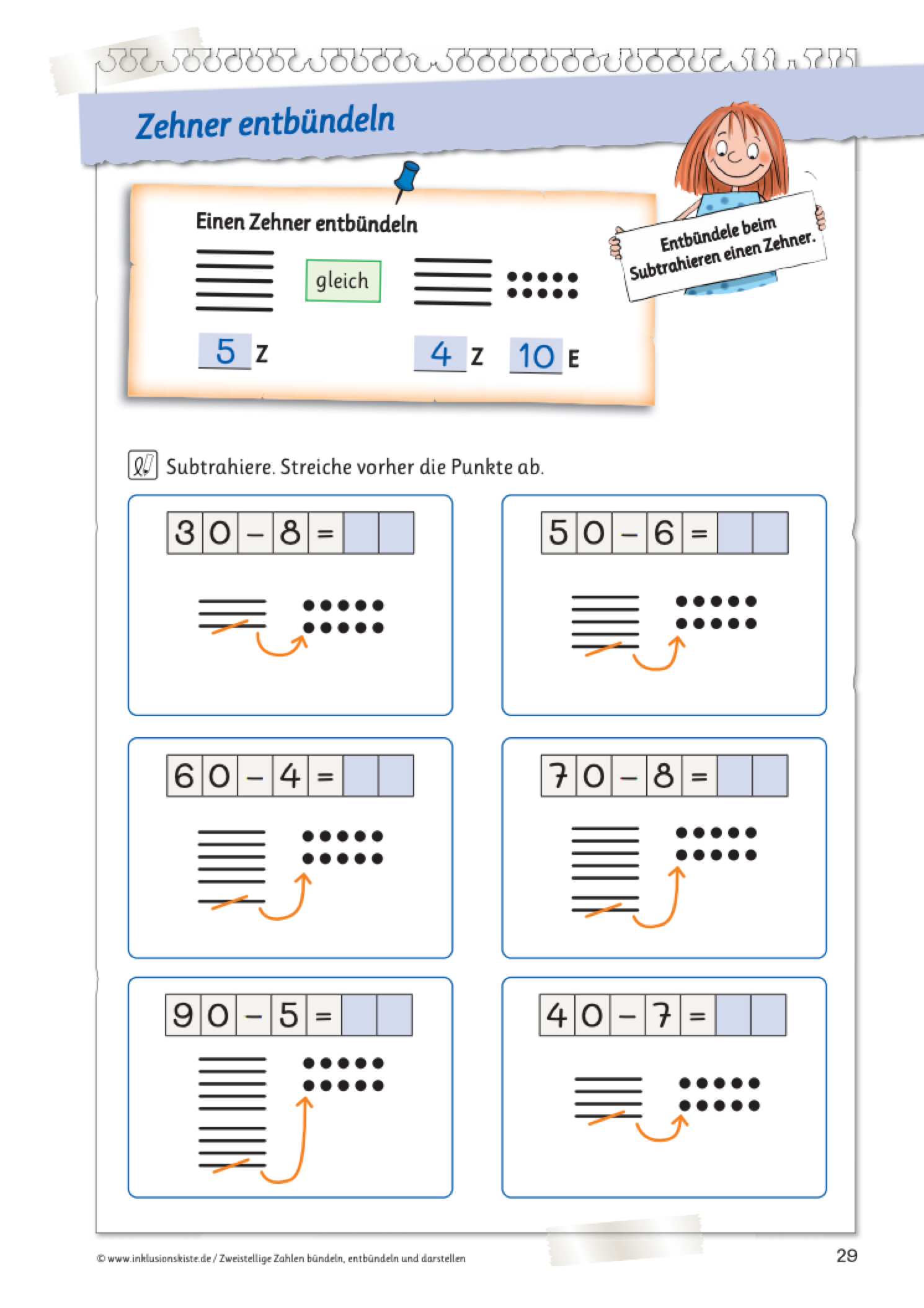 Arbeitsblatt zum Entbündeln von Zehnern mit visualisierten Subtraktionsaufgaben