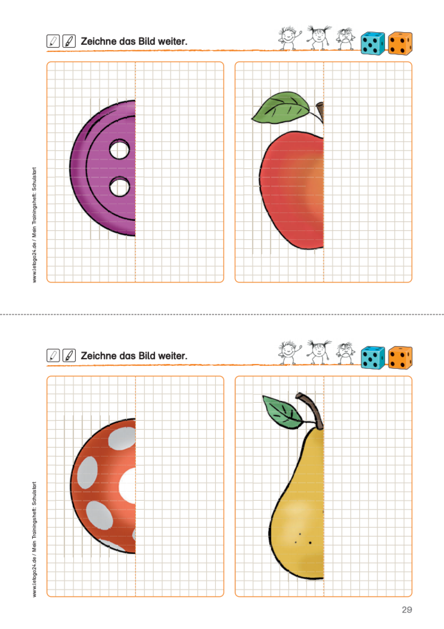 Arbeitsblatt für Vorschüler von Letogo24 mit halb gezeichneten Gegenständen zum Weiterzeichnen