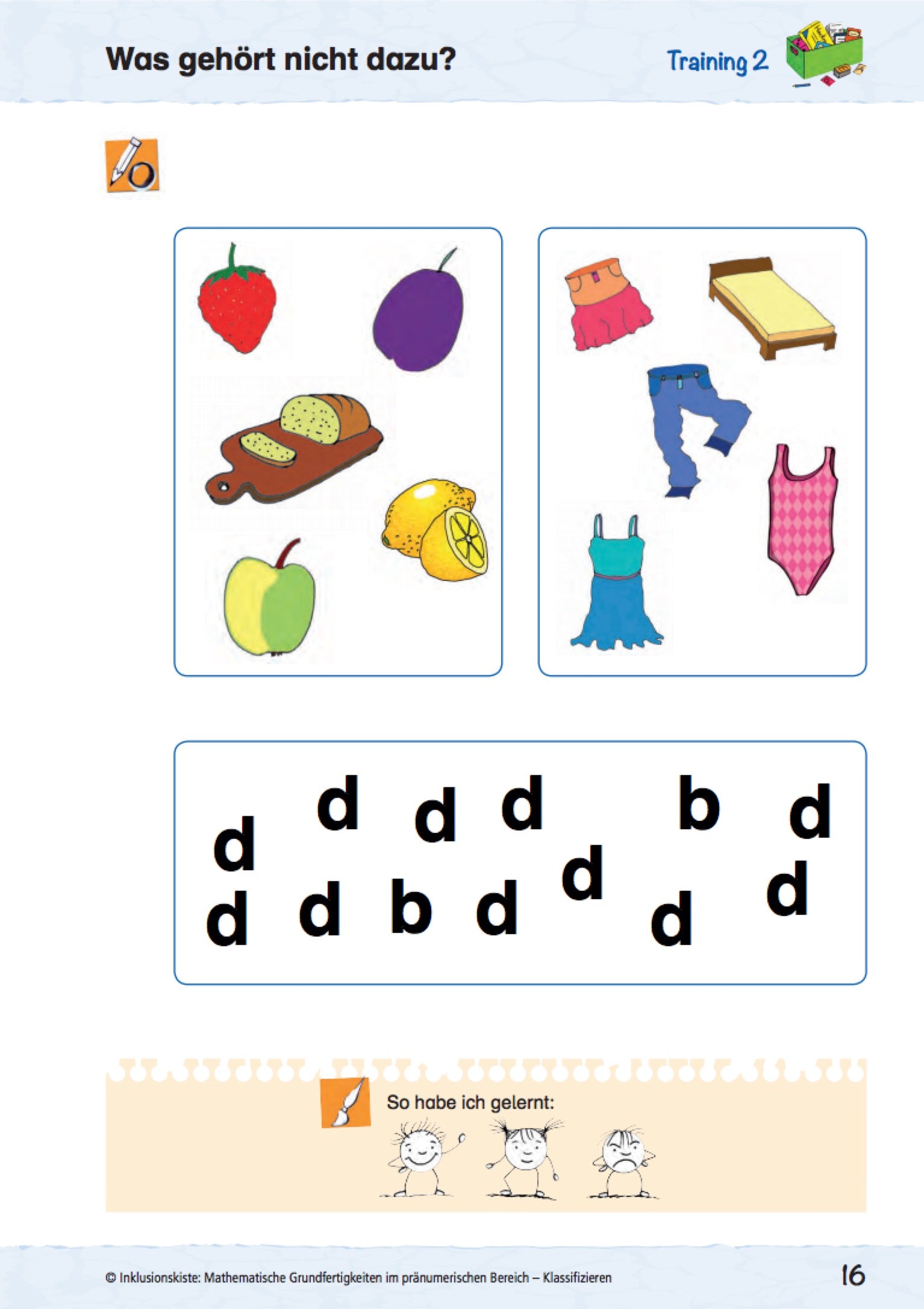 Aufgabenblatt für Lernanfänger mit bunten Bildern und dem Buchstaben b zum Klassifizieren