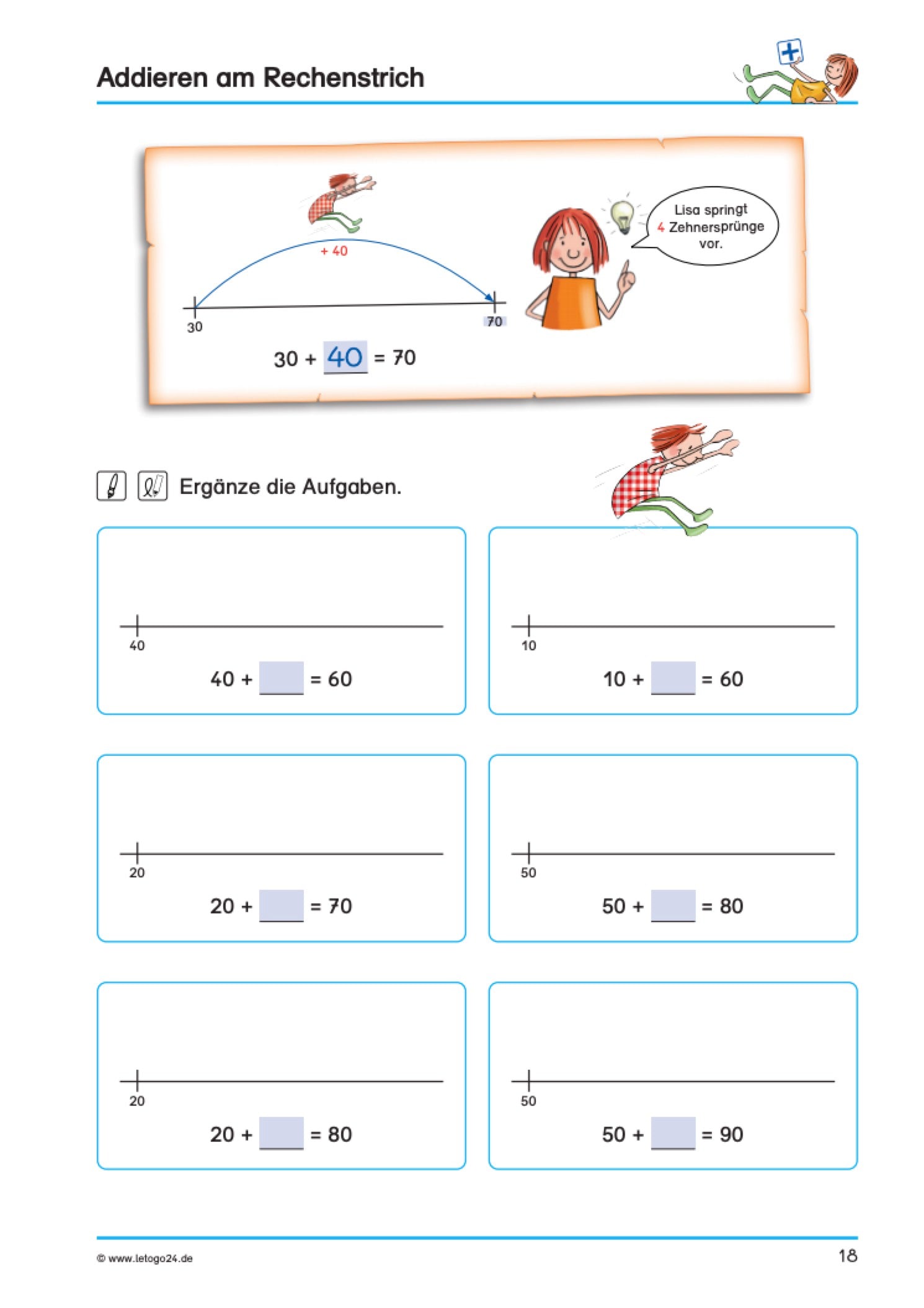 Ein Aufgabenblatt zum Thema `Addieren von Zehnerzahlen am Rechenstrich`. Im Merkkasten wird durch ein springendes Kind auf einen Rechenstrich eine Platzhalteraufgabe dargestellt. Zum Ergänzen befinden sich sechs Rechenstriche inklusive der Platzhalteraufgaben auf dem Aufgabenblatt.