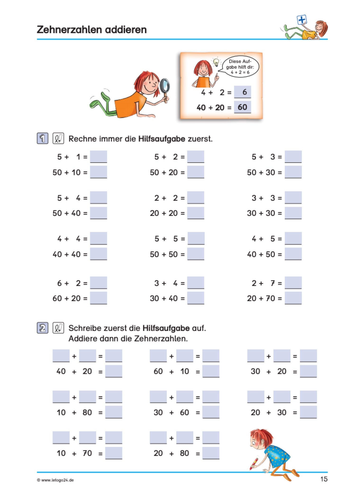 Ein Aufgabenblatt zum Thema Addieren von Zehnerzahlen stellt einfache Grundaufgaben und die Addition von Zehnerzahlen dar. Die Illustration eines Kindes mit Lupe stellt die Analogie der Aufgaben in den Fokus.