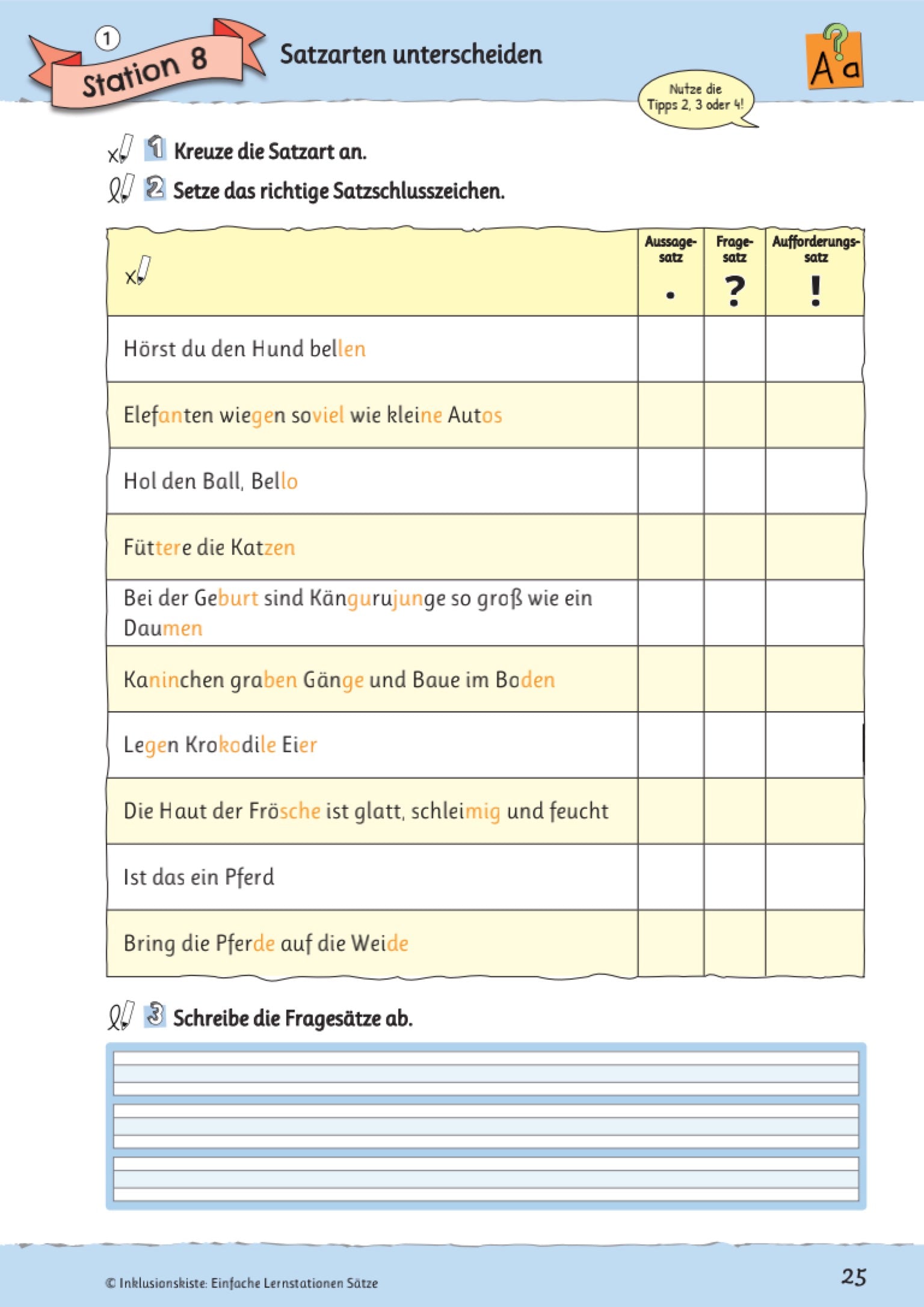 Arbeitsblatt des E-Books: `Einfache Lernstationen: Sätze` mit einer Tabelle und verschiedenen Satzarten zum Ankreuzen
der Satzarten Aussage-, Frage- und Aufforderungssatz.