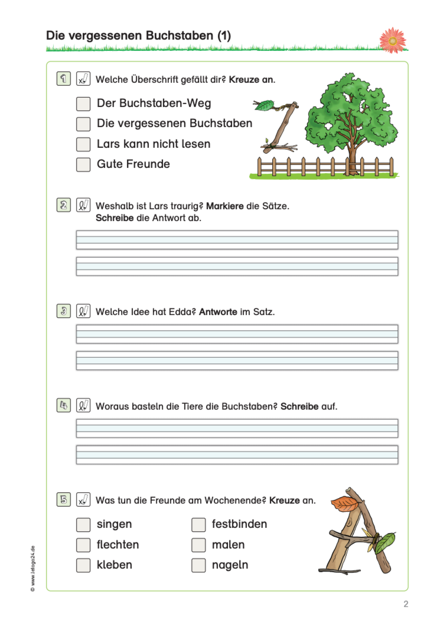 Arbeitsblatt mit Fragen zum Lesetext ´Die vergessenen Buchstaben`