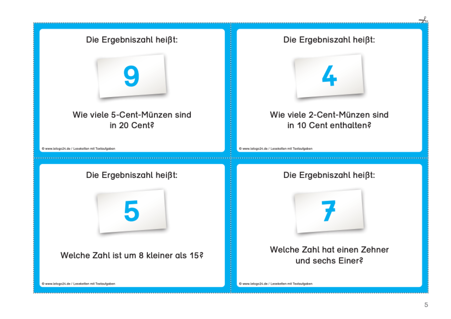 Vier Teile einer Lesekette von Letogo24 mit einfachen Textaufgaben im Zahlenraum bis 20. In der Mitte der Aufgabenkarten steht jeweils die Ergebniszahl:9, 4, 5 und 7.