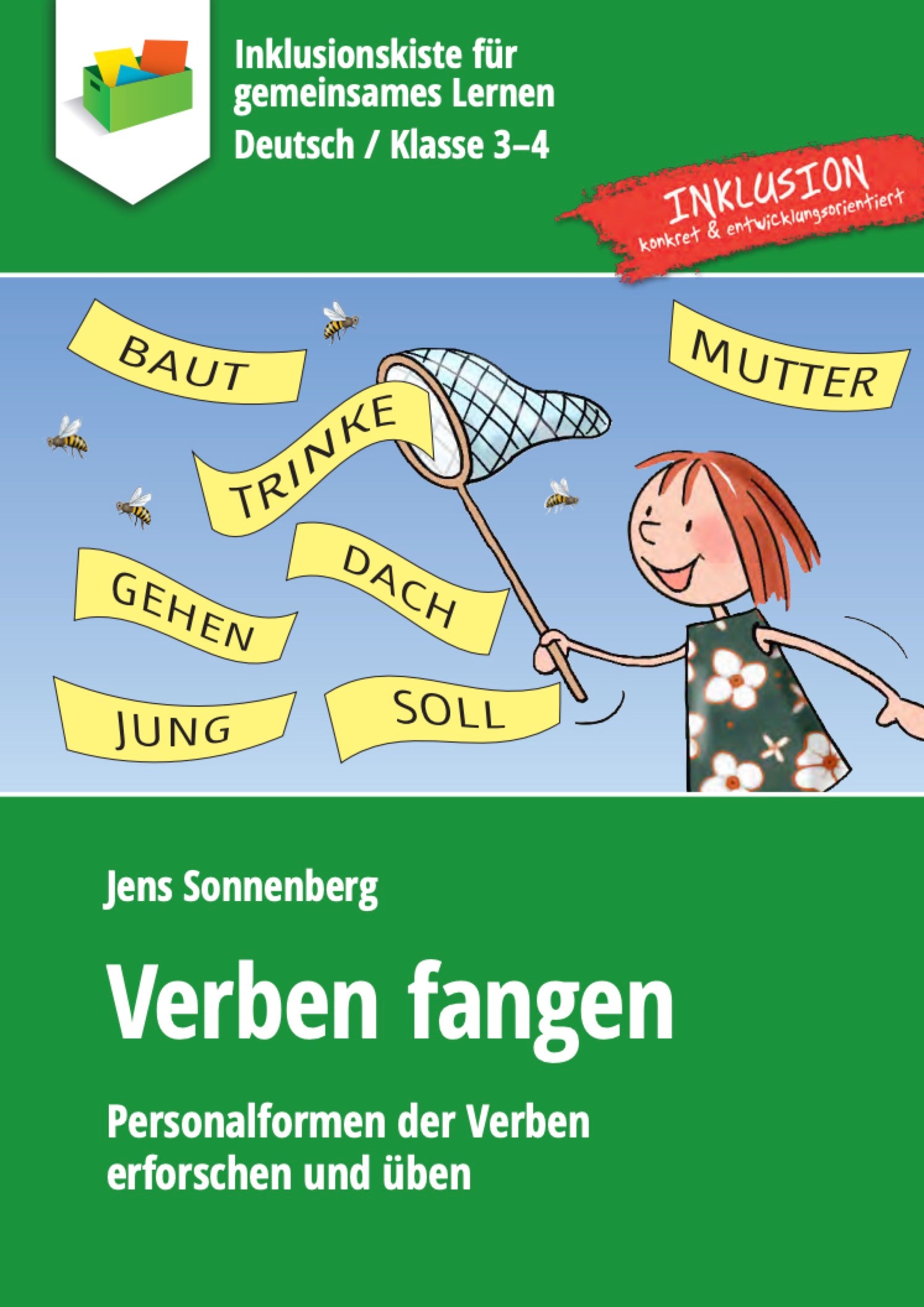 Grüne Covergrafik des E-Books `Verben fangen` mit bunter Grafik in der Mitte. Ein gezeichnetes Mädchen fängt mit einem Kescher Adjektive. In der Luft fliegen insgesamt acht mit Großbuchstaben geschriebene Wörter: BAUT, TRINKE, MUTTER, GEHEN, DACH, JUNG und SOLL.