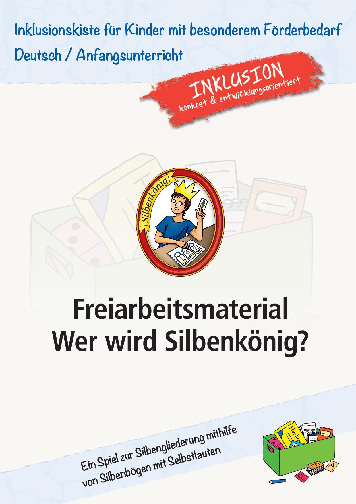 Cover des Lernspieles: `Wer wird Silbenkönig?` mit einer Medaille in der Mitte, die einen Jungen mit Silbenkrone zeigt.