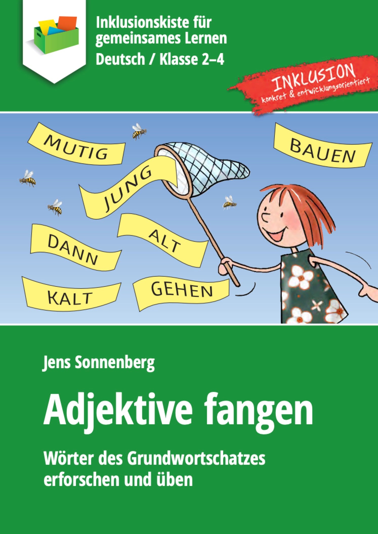 Grüne Covergrafik des E-Books `Adjektive fangen` mit bunter Grafik in der Mitte. Ein gezeichnetes Mädchen fängt mit einem Kescher Adjektive. In der Luft fliegen insgesamt acht mit Großbuchstaben geschriebene Wörter: BAUEN, MUTIG, JUNG, DANN, ALT, GEHEN und KALT.