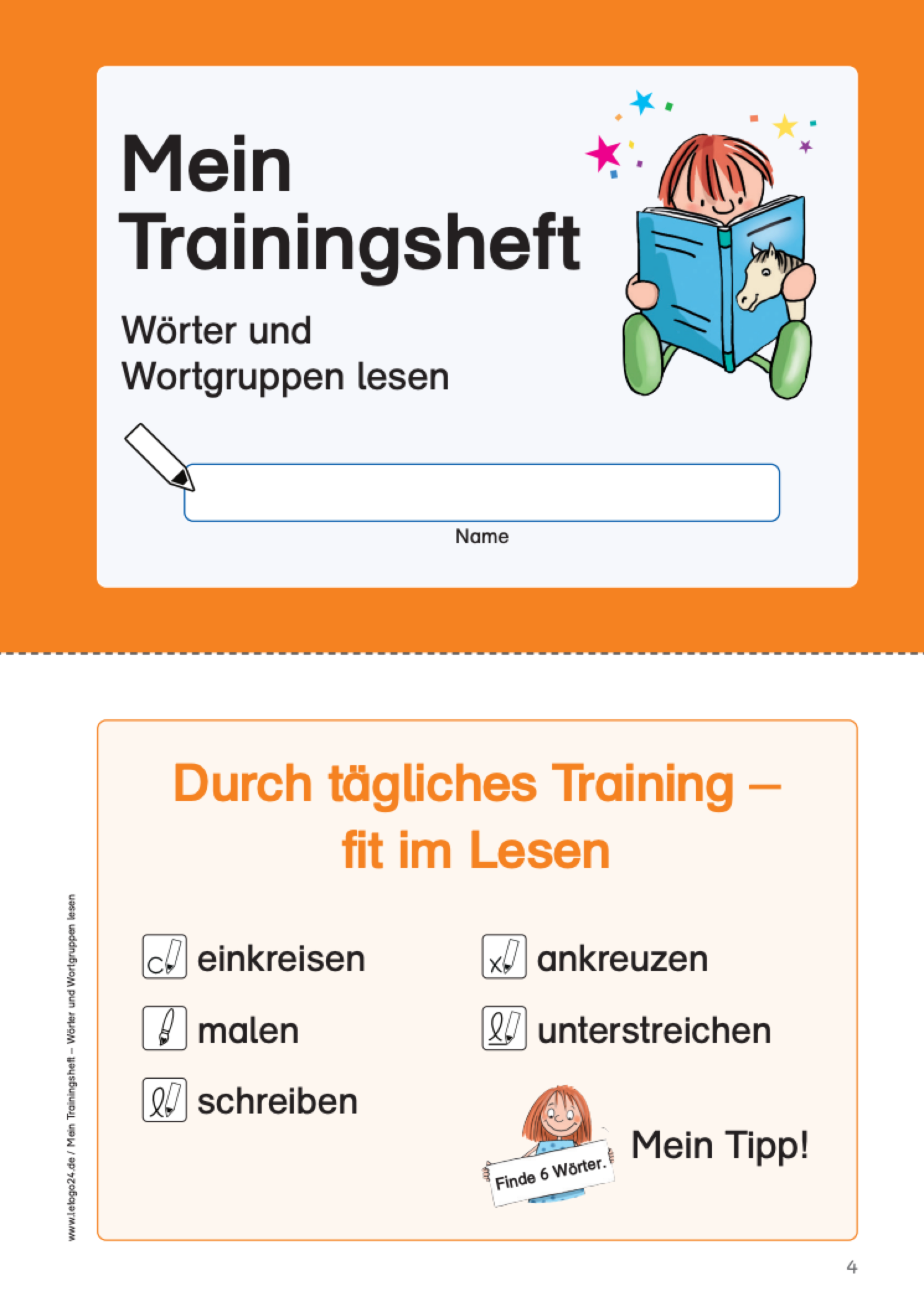 Deckblatt des Lesetrainingsheftes aus dem E-Book: `Mein Trainingsheft: Wörter und Wortgruppen lesen` mit der Covergrafik.