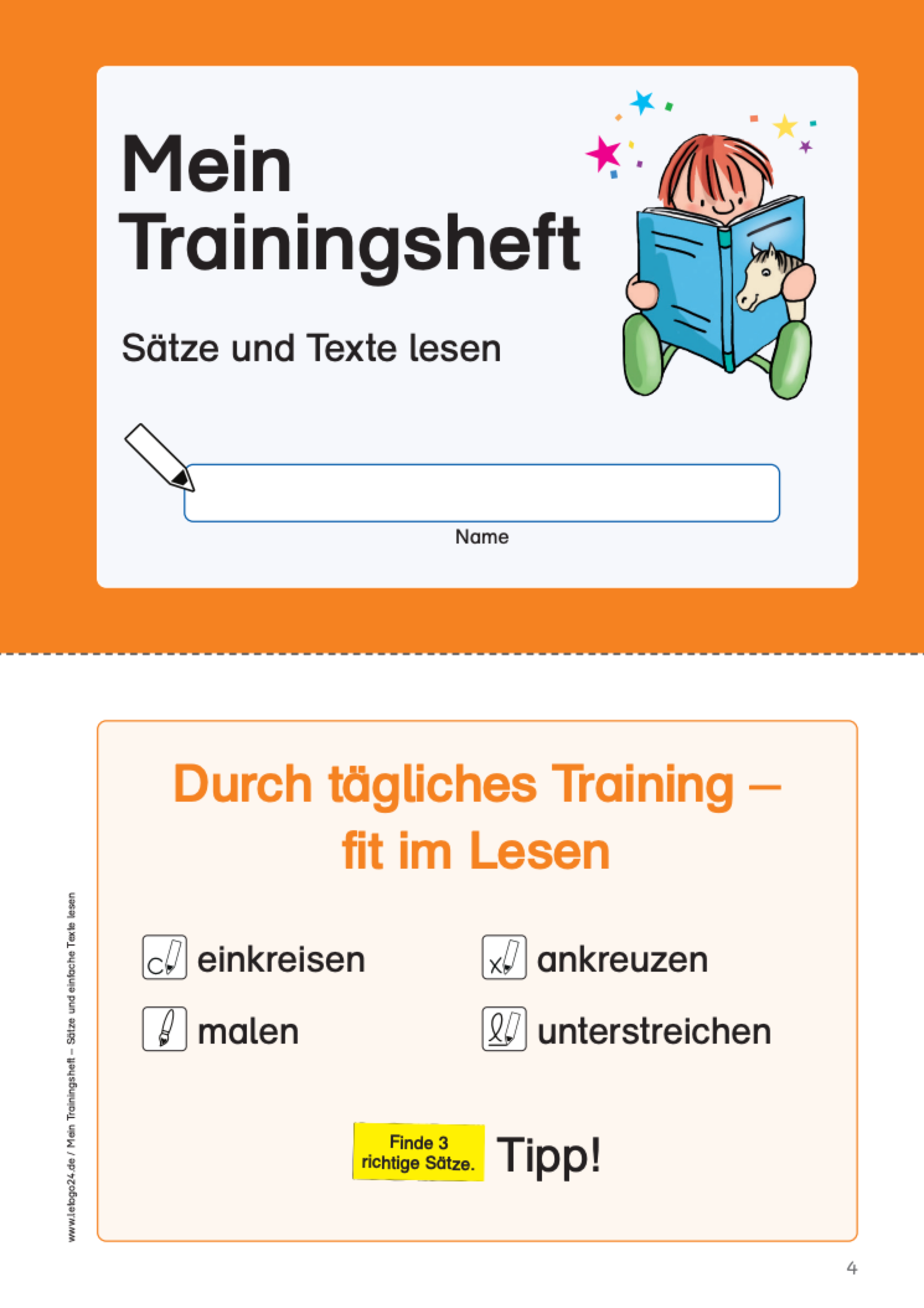 Deckblatt des Trainingsheftes mit einer Illustration eines lesenden Kindes mit Buch in der Hand : `Mein Trainingsheft: Sätze und Texte lesen`