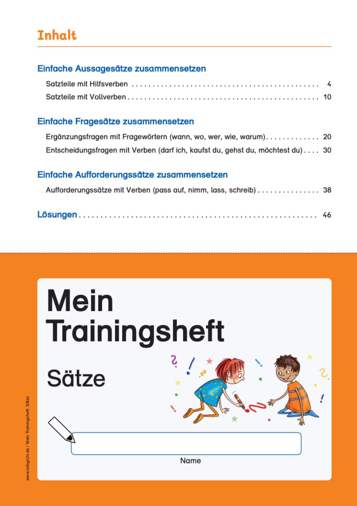 Zweiteilige Seite: Oben ein übersichtliches Inhaltsverzeichnis, unten das farbenfrohe Deckblatt des Trainingsheftes ‚Sätze‘ – entnommen aus dem E-Book ‚Mein Trainingsheft: Sätze‘.
