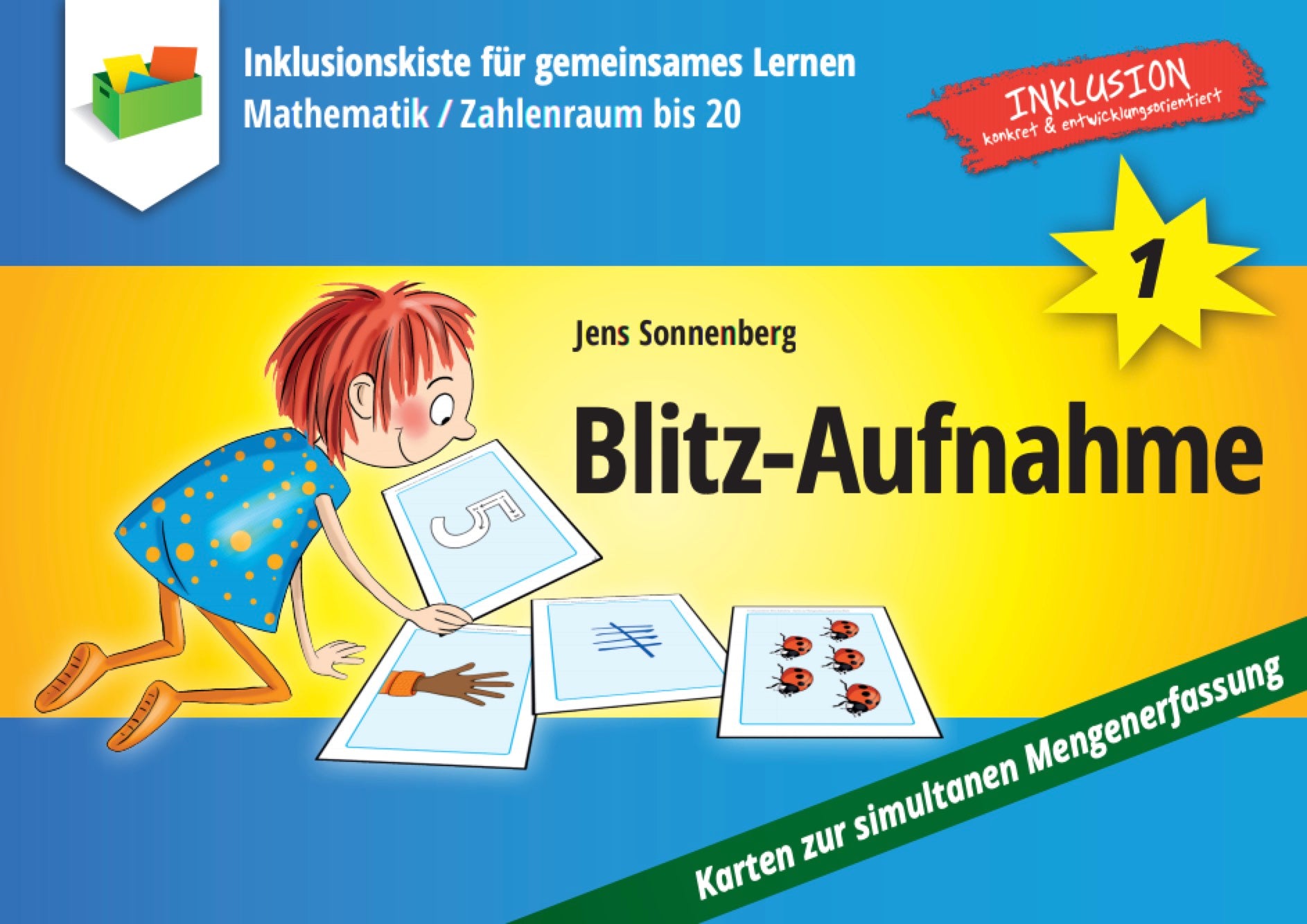 Bunt illustriertes E-Book-Cover mit einem Kind, das auf dem Boden Karten mit Zahlen, Händen, Strichen und Marienkäfern betrachtet. Titel: „Blitz-Aufnahme“ Thema: Simultane Mengenerfassung im Zahlenraum bis 20, geeignet für inklusiven Mathematikunterric