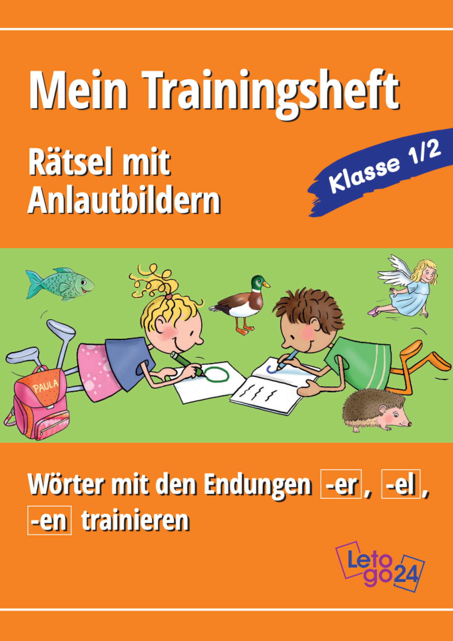 Das orangefarbene E-Book-Cover des Verlages `Letog24` zeigt zwei sich gegenüberliegende Kinder, die auf dem Bauch liegen und in ein Heft schreiben – ein blondes Mädchen in blauem Oberteil und rosa Rock ein braunhaariges Junge in grüner Kleidung. Abblidungen mit diversen Anlautbildern sind um die Kinder herum verteilt. Der Titel lautet „Mein Trainingsheft Rätsel mit Anlautbildern“. Der Untertitel ist „Wörter mit den Endungen -er, -el und -en“.