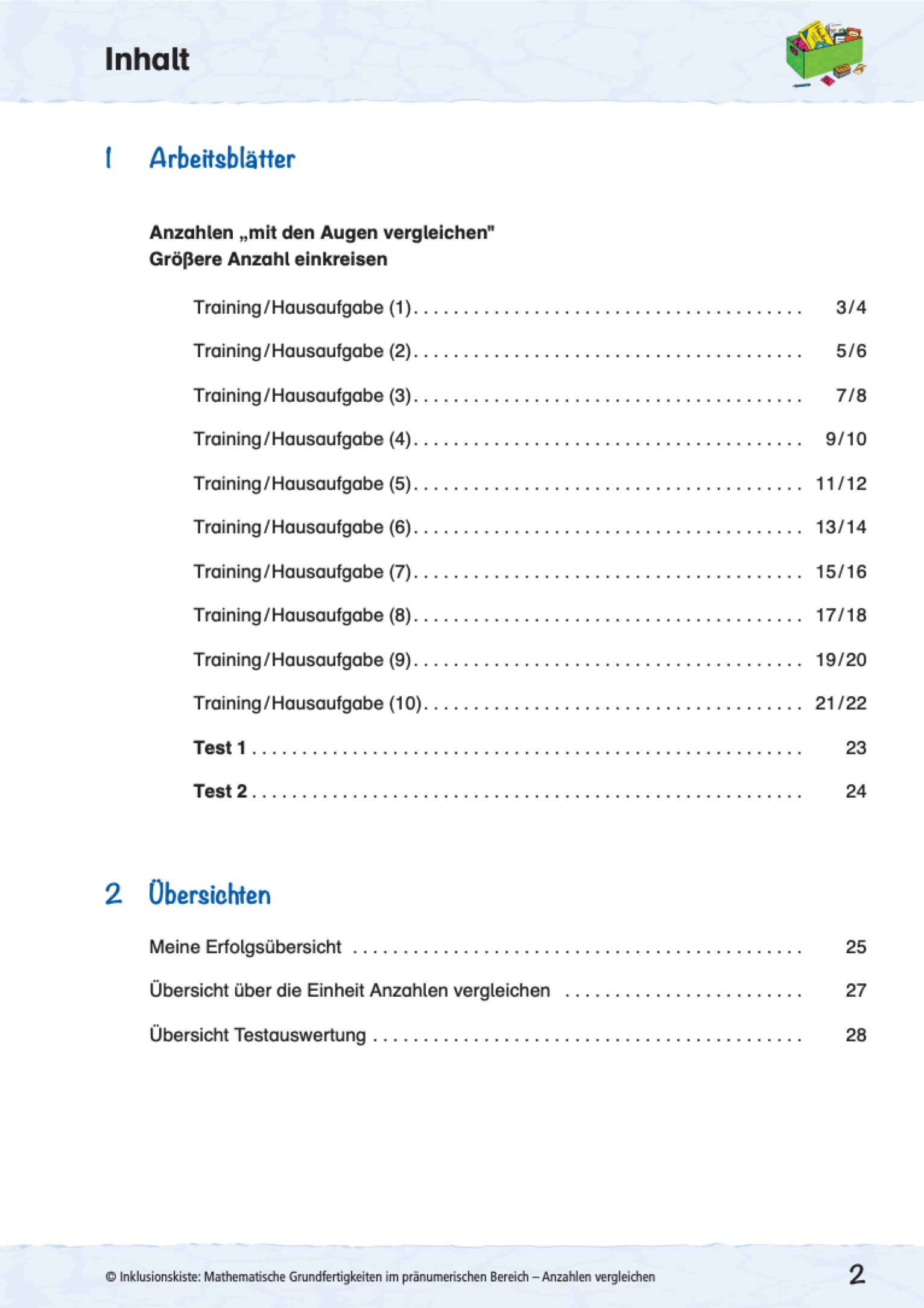 Inahltsverzeichnis des E-Books: `Anzahlen vergleichen` mit Angaben vom Anzahlvergleich bis zu Ăbersichten.