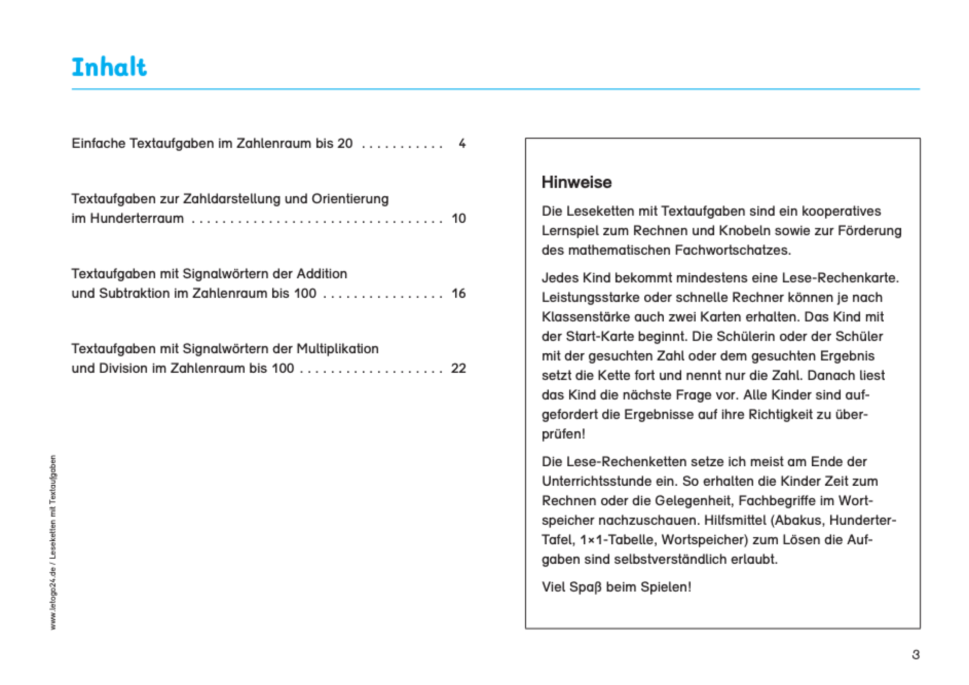 Inhaltsangabe zum E-Book `Leseketten mit Textaufgaben` von Letogo24 mit Hinweisen zur Nutzung der Leseketten mit Textaufgaben im Unterricht.