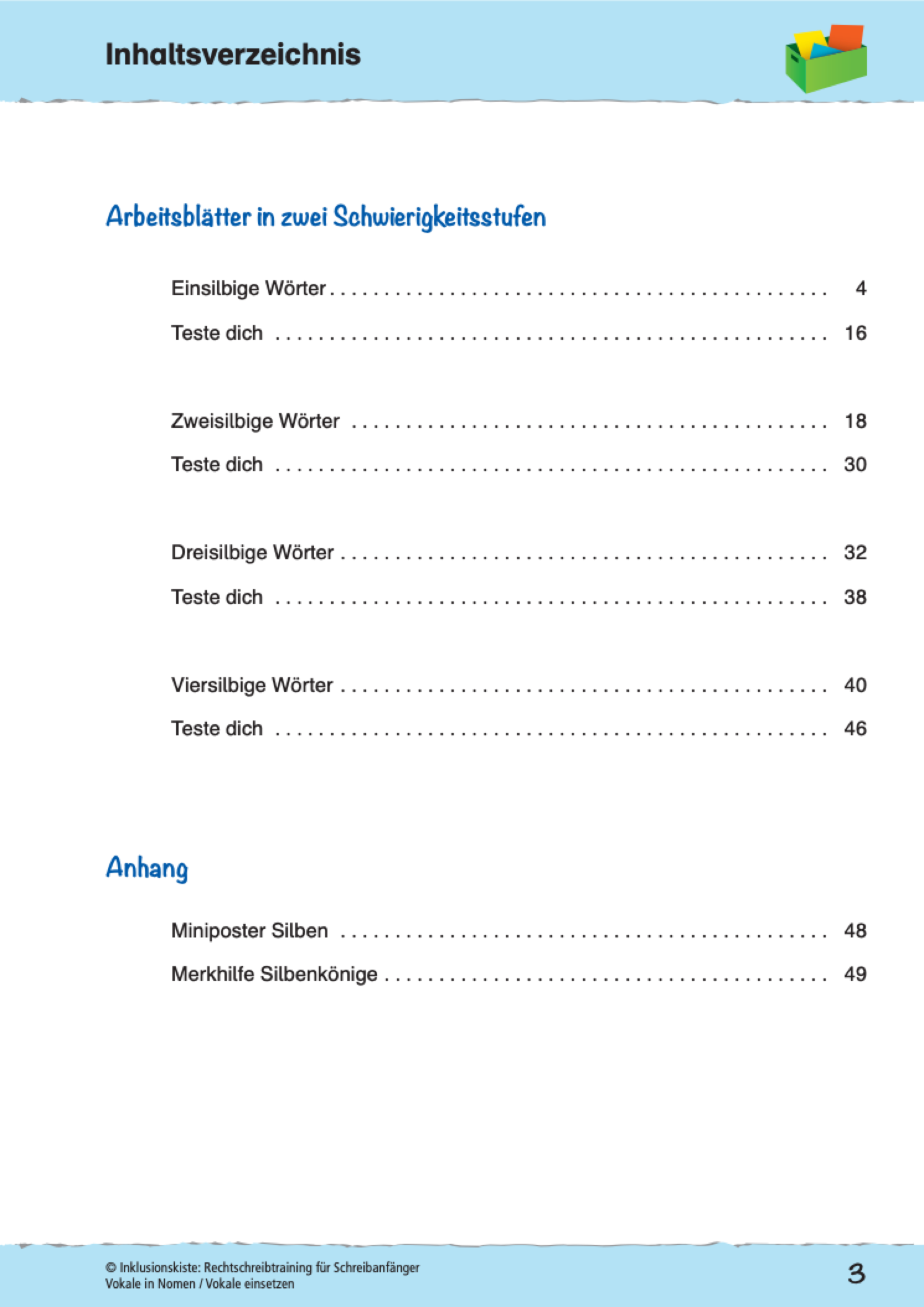 Inhaltsverzeichnis des E-Books Rechtschreibtraining für Schreibanfänger - Vokale in Nomen`