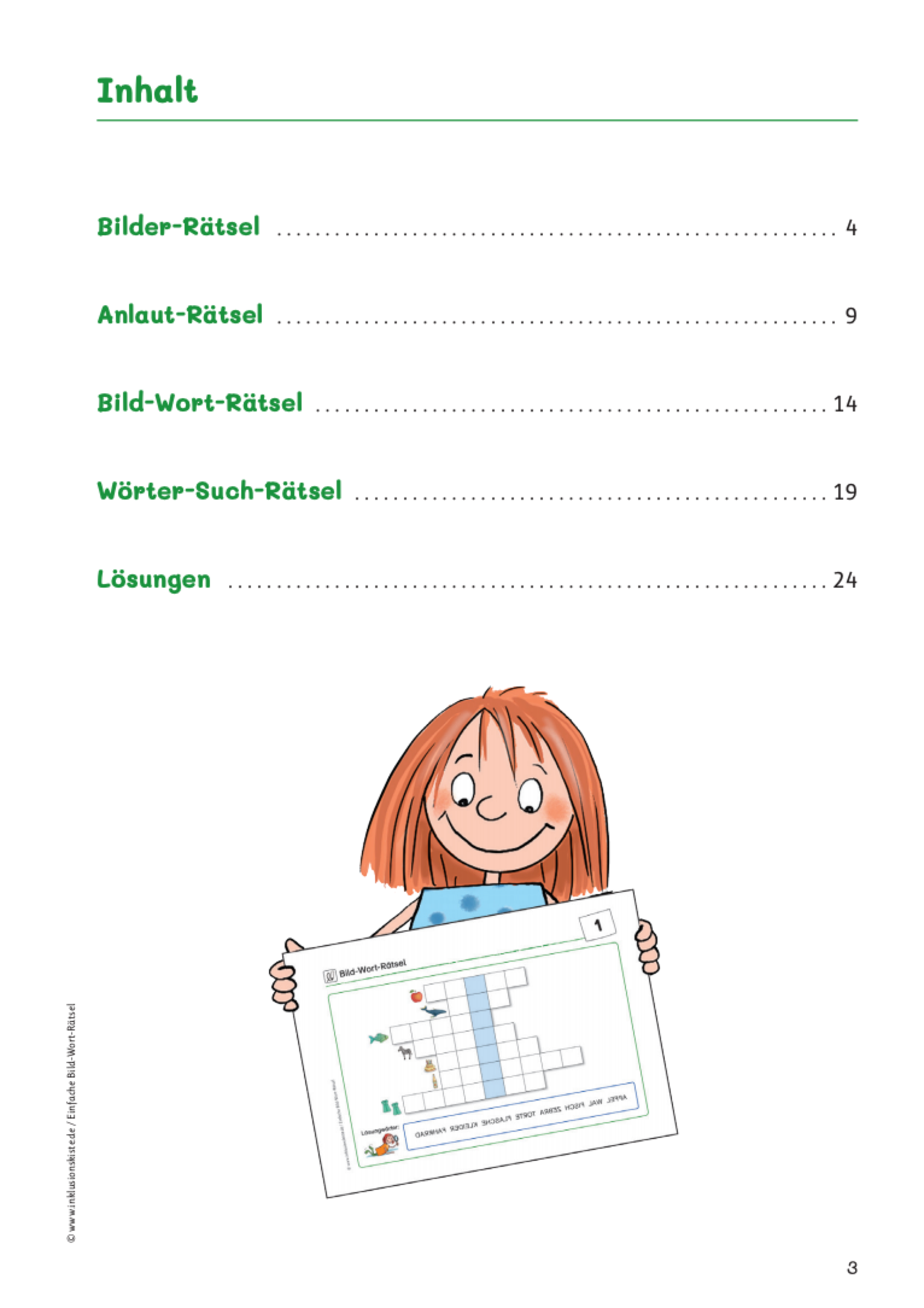 Inhaltsverzeichnis des E-Books: `Einfache-Wort-Bild-RÀtsel` mit Angaben zu den RÀtselformaten: von Bilder-RÀtseln, Anlaut-RÀtseln, Bild-Wort-RÀtseln bis zu Wörter-Such-RÀtseln.