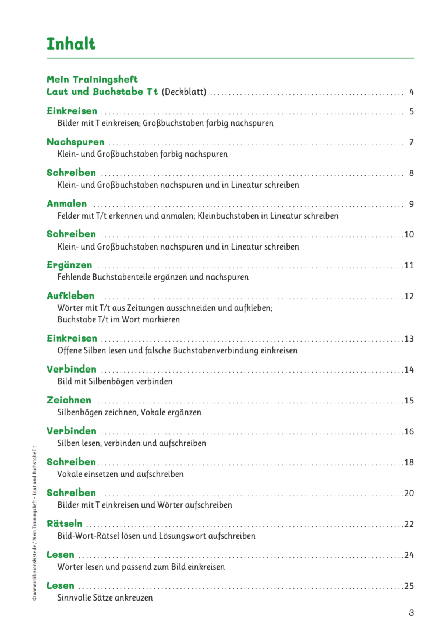 Inhaltsverzeichnis des E-Books: `Mein Trainingsheft: Laut und Buchstabe T t` aufgelistet sind diverse Übungen zum Training der phonologischen Bewusstheit.